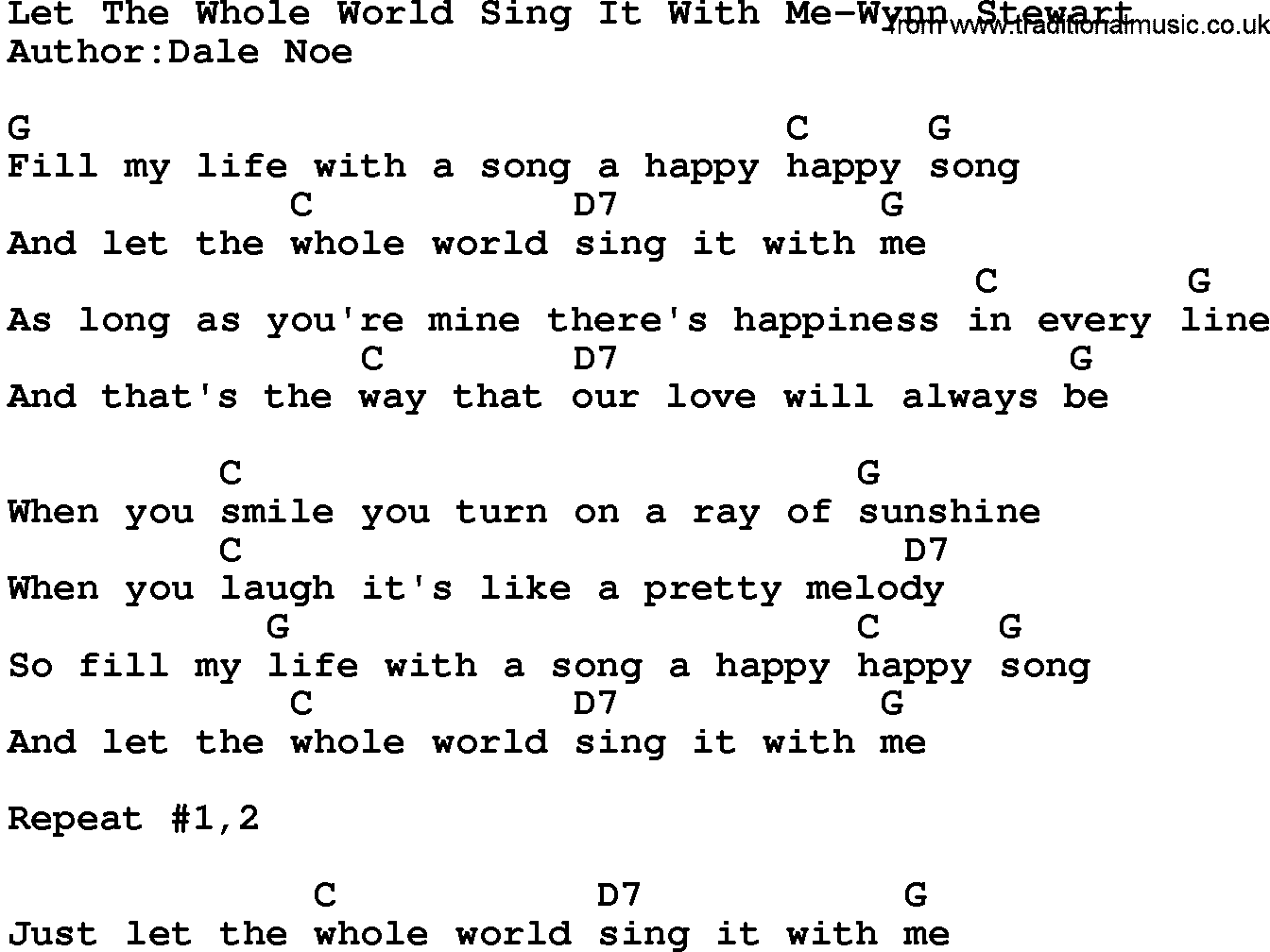 Country music song: Let The Whole World Sing It With Me-Wynn Stewart lyrics and chords