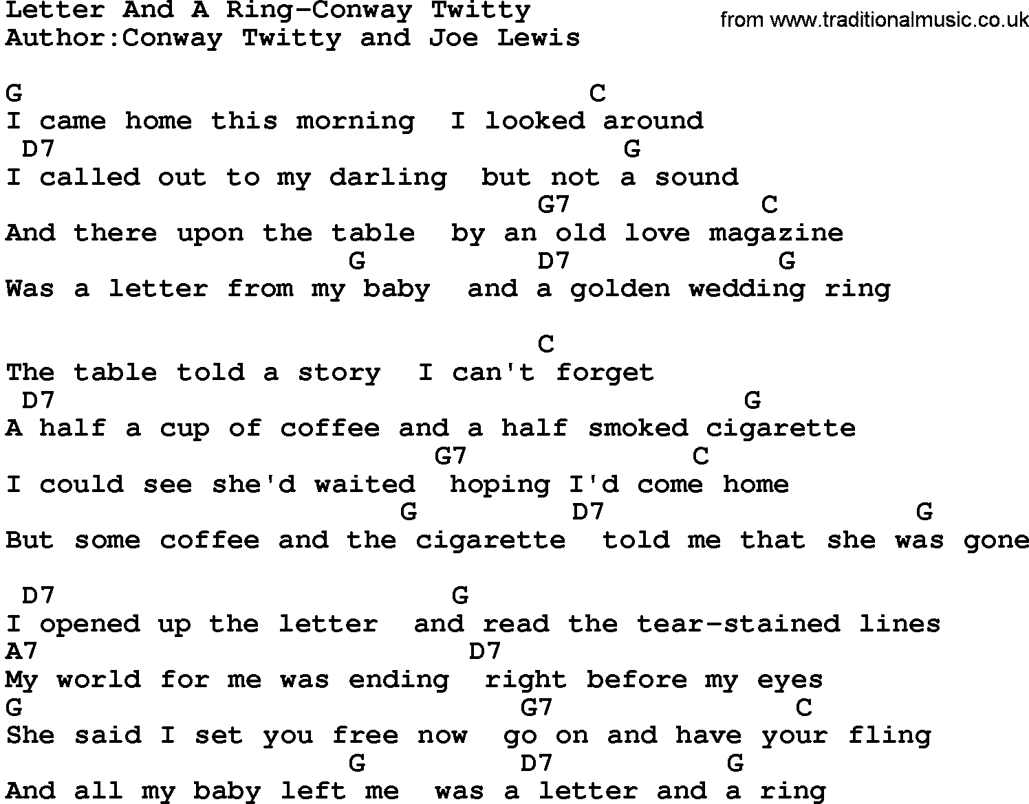 Country music song: Letter And A Ring-Conway Twitty lyrics and chords