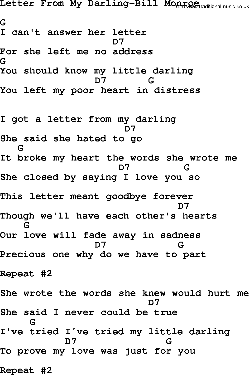 Country music song: Letter From My Darling-Bill Monroe lyrics and chords