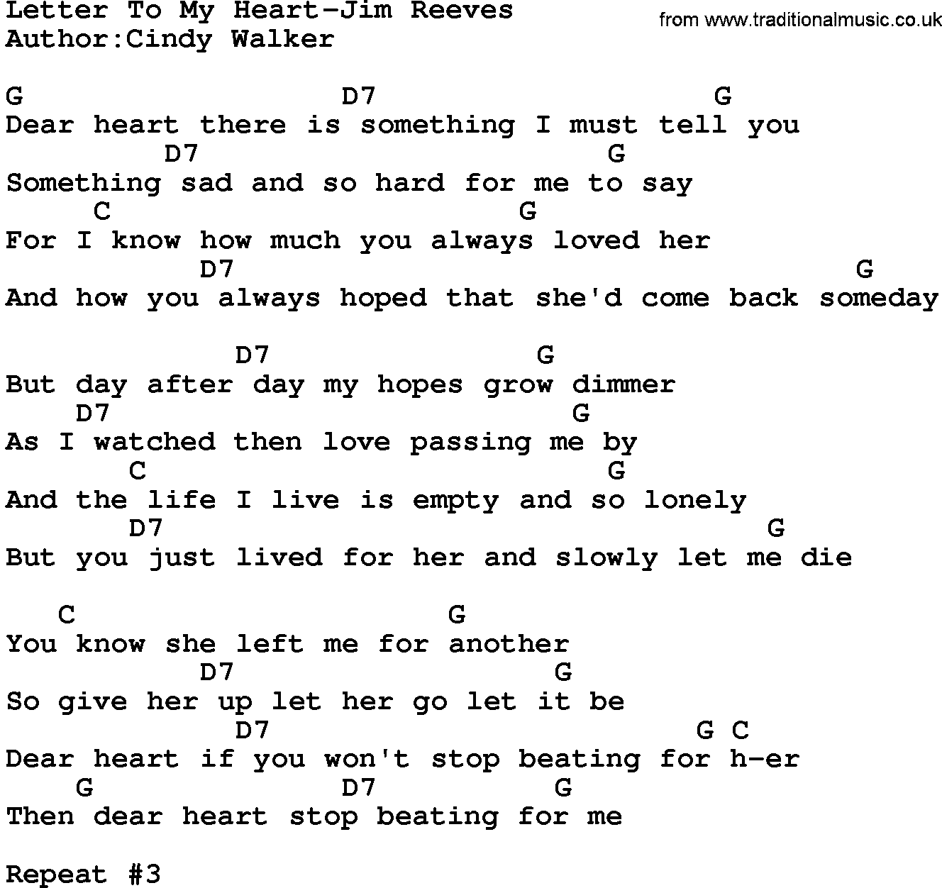 Country music song: Letter To My Heart-Jim Reeves lyrics and chords