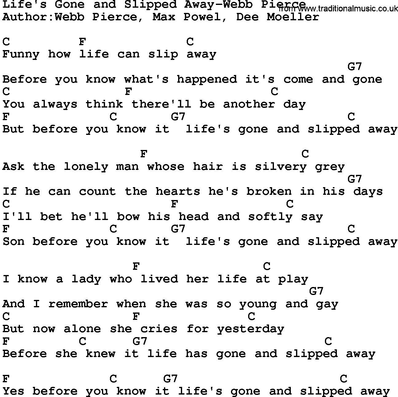 Country music song: Life's Gone And Slipped Away-Webb Pierce lyrics and chords