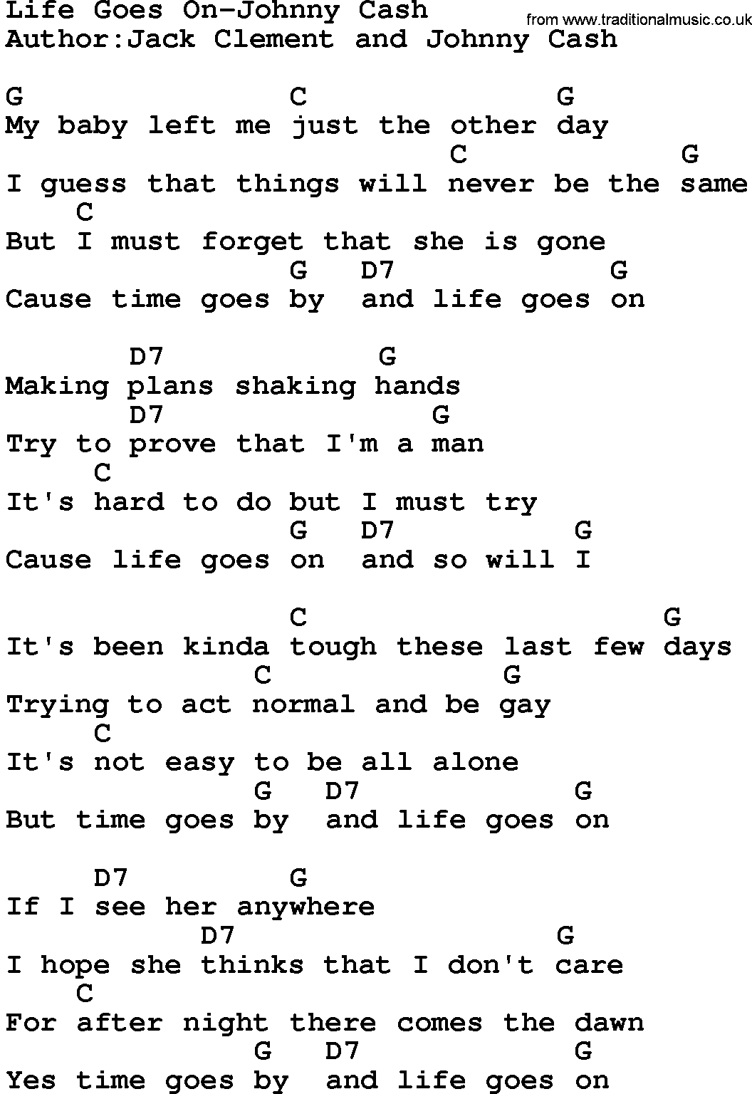 Country music song: Life Goes On-Johnny Cash lyrics and chords