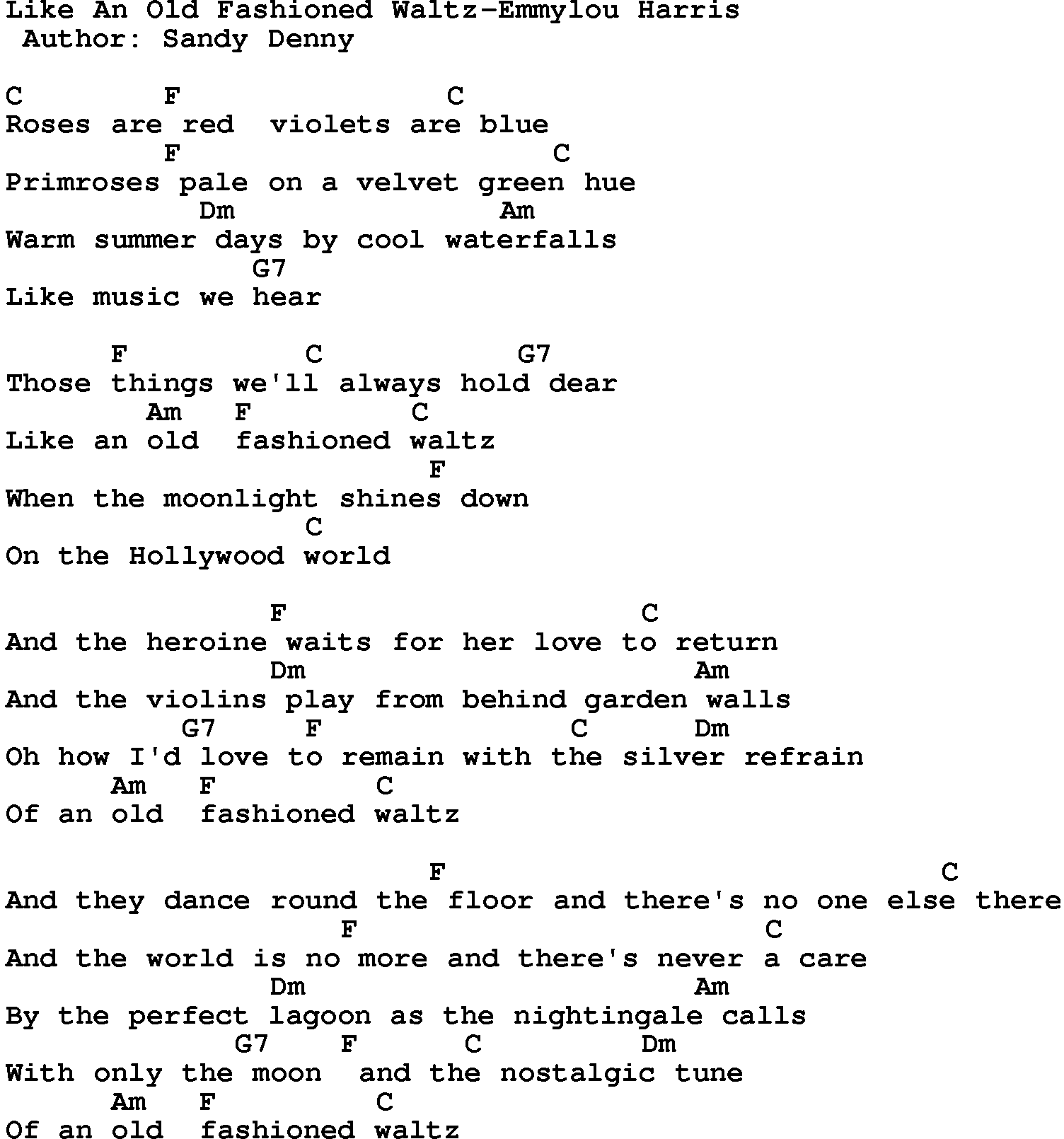 Country music song: Like An Old Fashioned Waltz-Emmylou Harris lyrics and chords