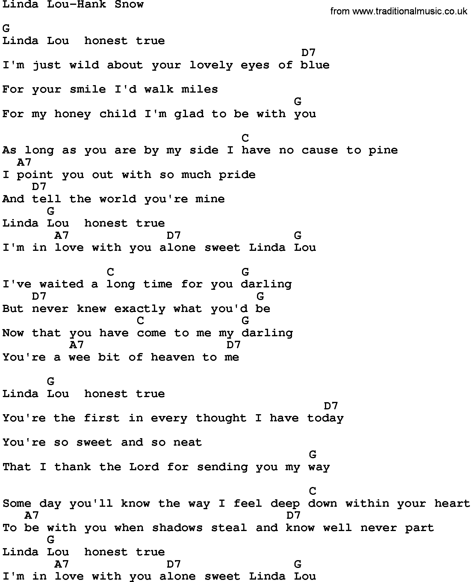 Country music song: Linda Lou-Hank Snow lyrics and chords