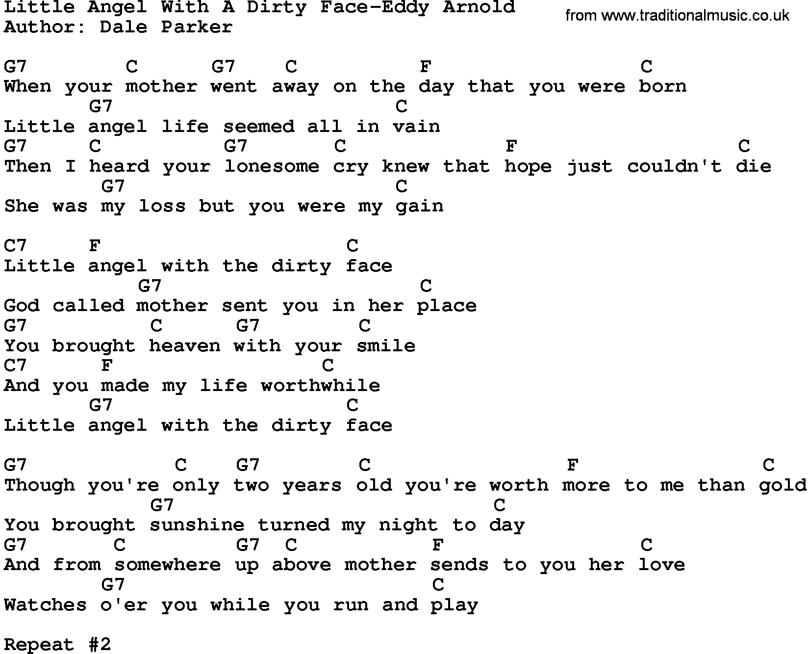 Country music song: Little Angel With A Dirty Face-Eddy Arnold lyrics and chords