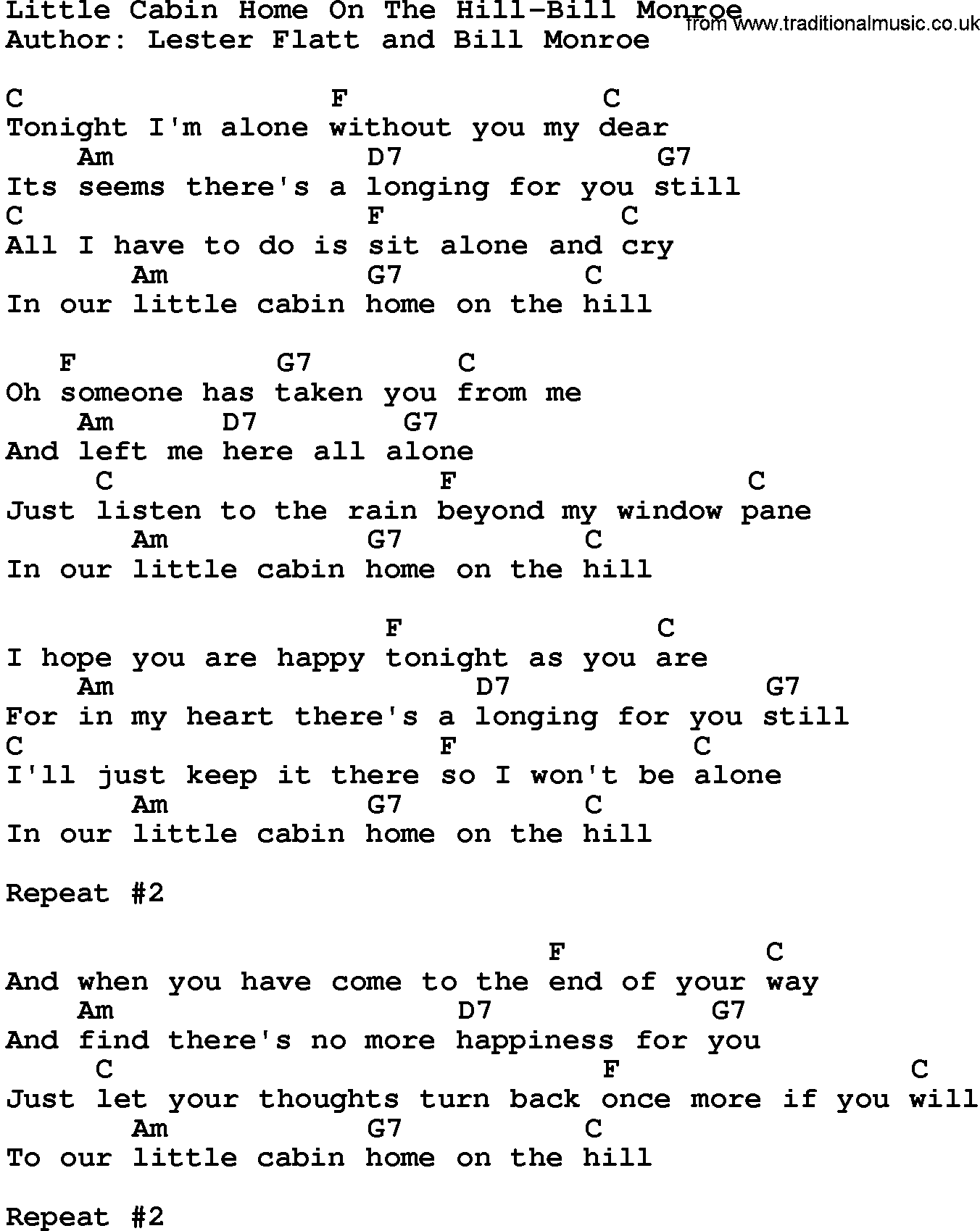 Country music song: Little Cabin Home On The Hill-Bill Monroe lyrics and chords