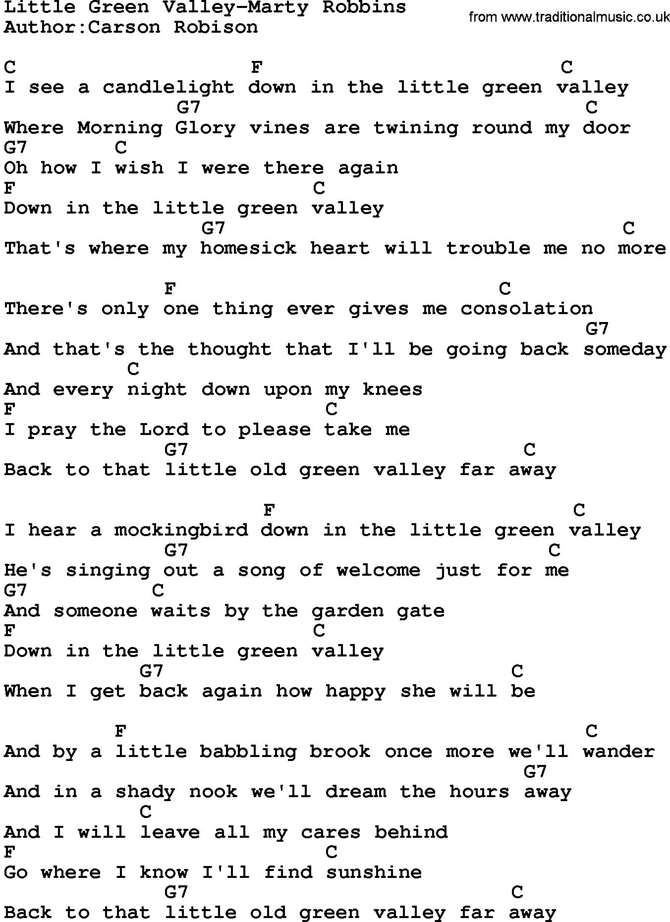Country music song: Little Green Valley-Marty Robbins lyrics and chords