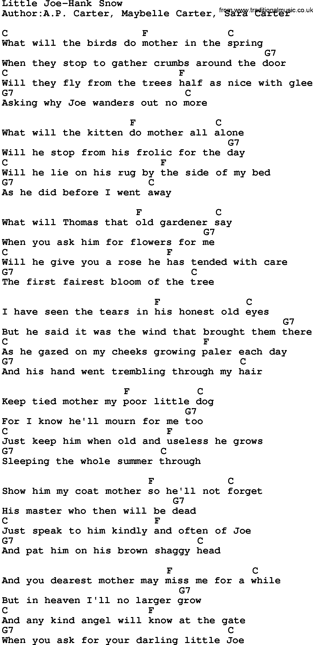 Country music song: Little Joe-Hank Snow lyrics and chords