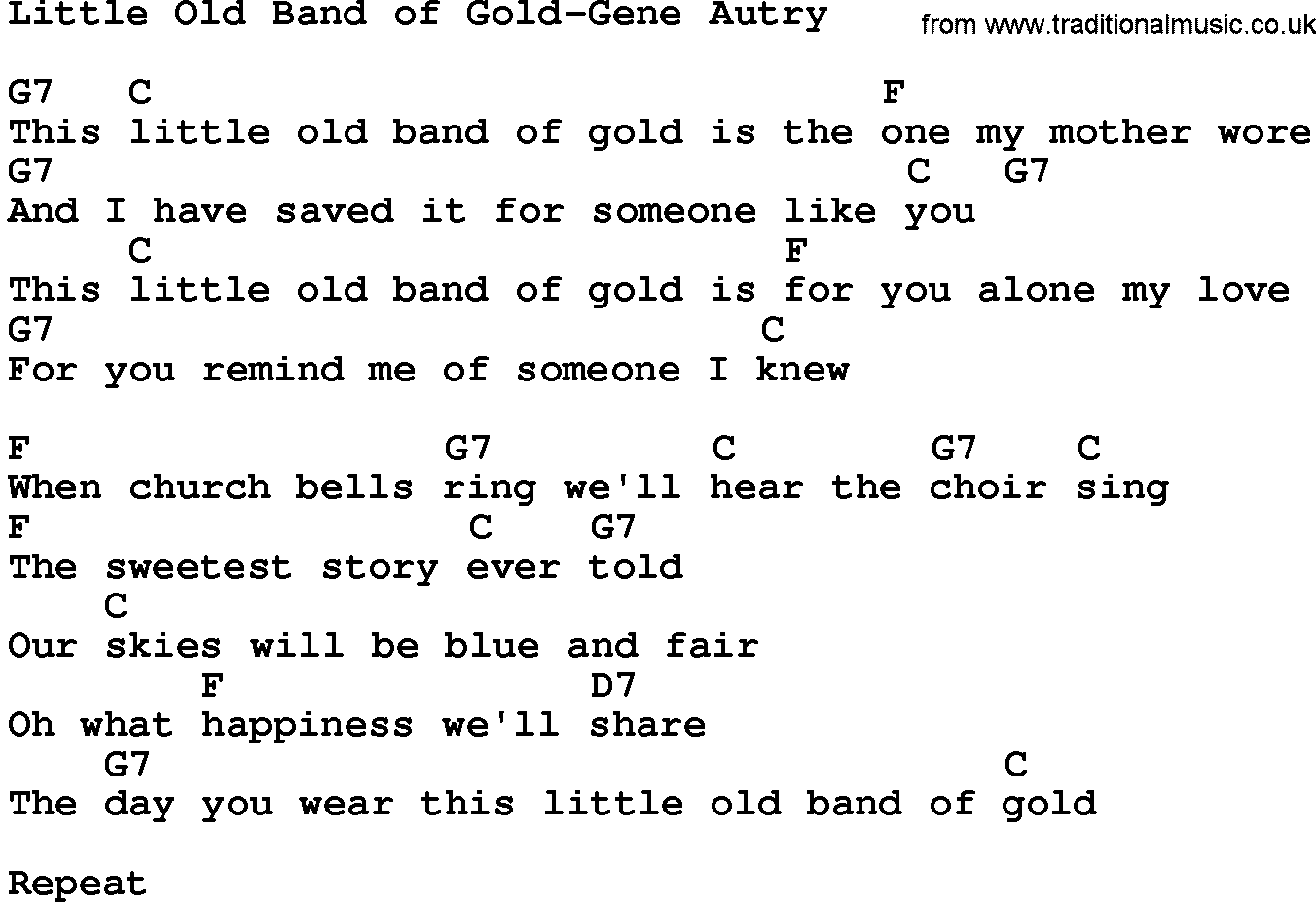 Country music song: Little Old Band Of Gold-Gene Autry lyrics and chords