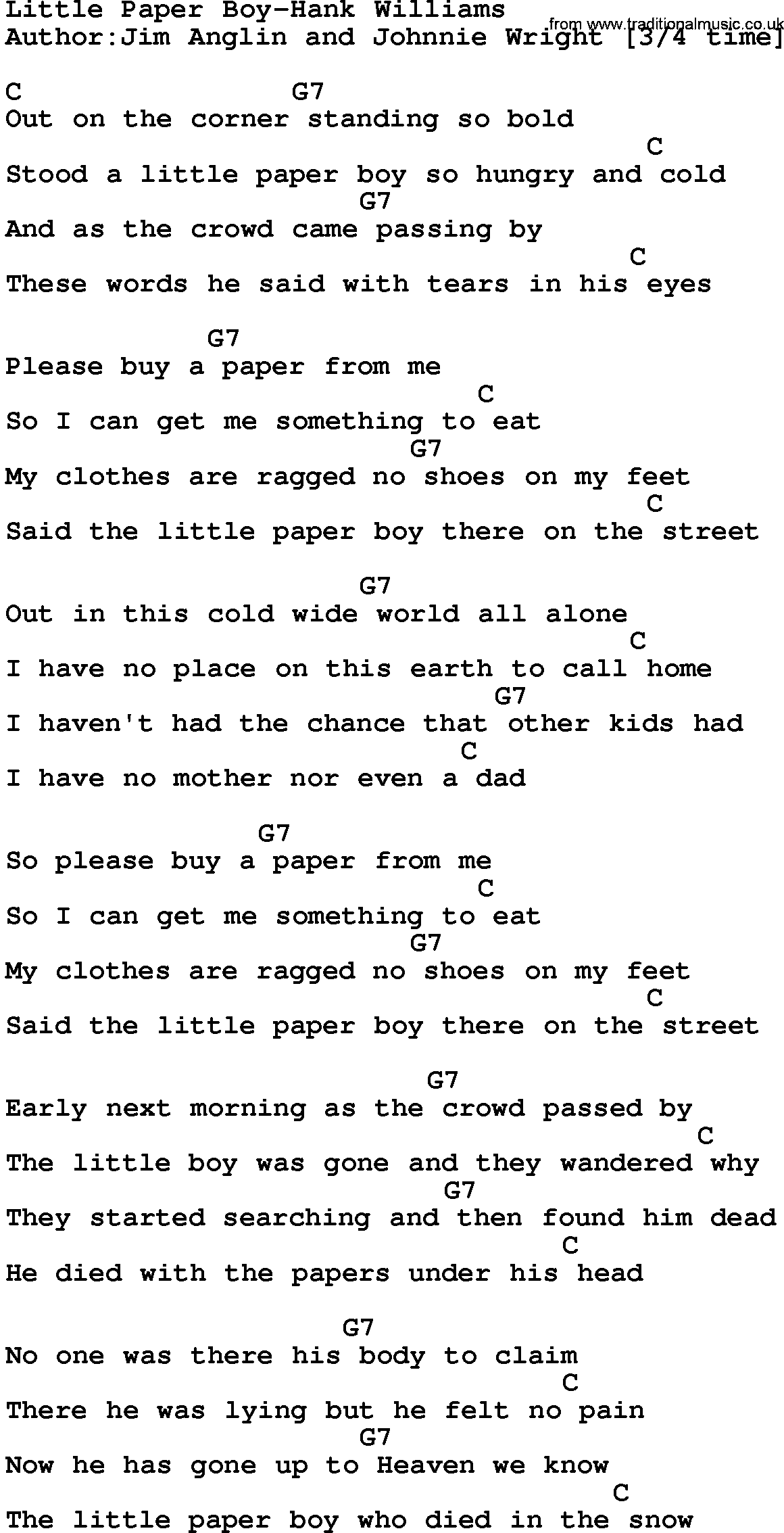 Country music song: Little Paper Boy-Hank Williams lyrics and chords