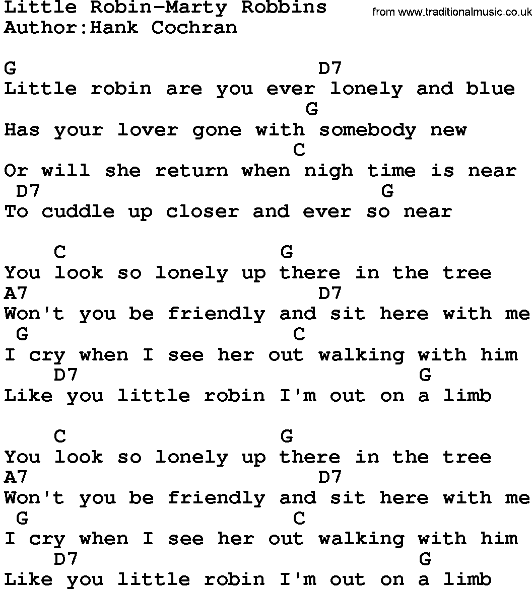 Country music song: Little Robin-Marty Robbins lyrics and chords