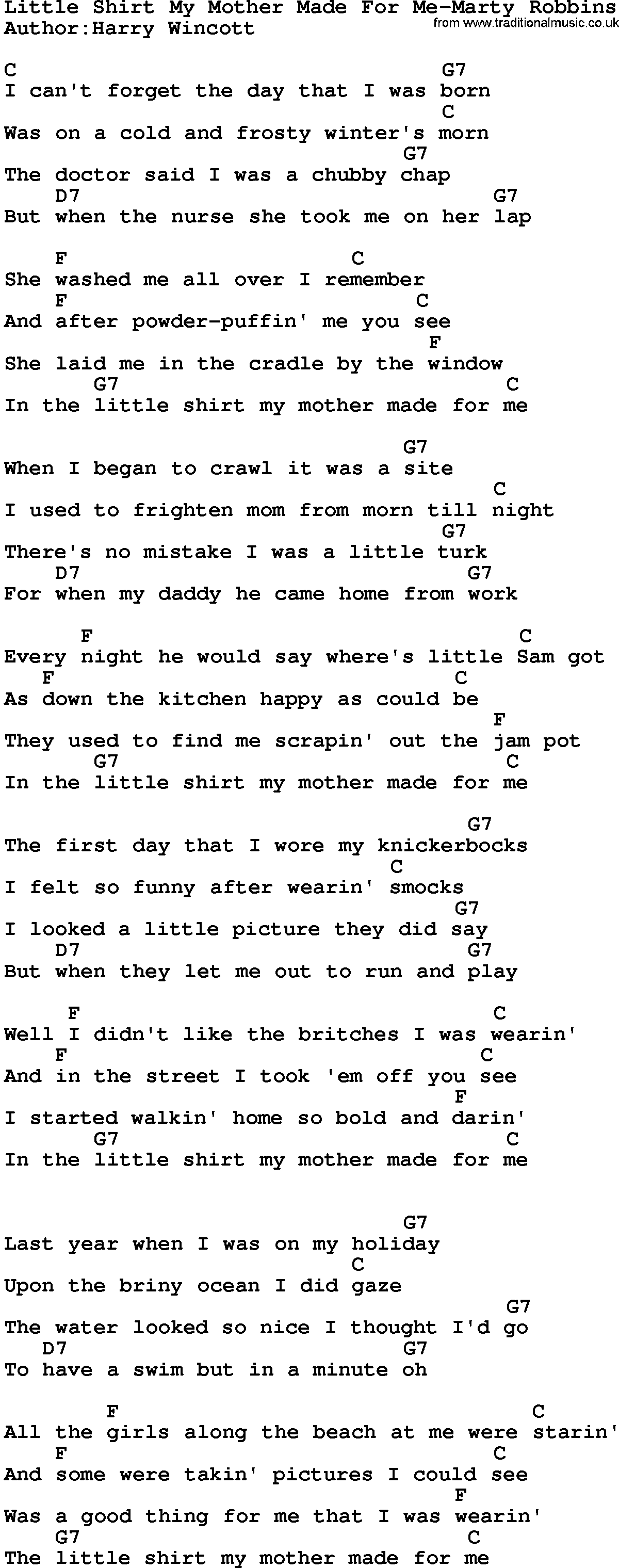 Country music song: Little Shirt My Mother Made For Me-Marty Robbins lyrics and chords