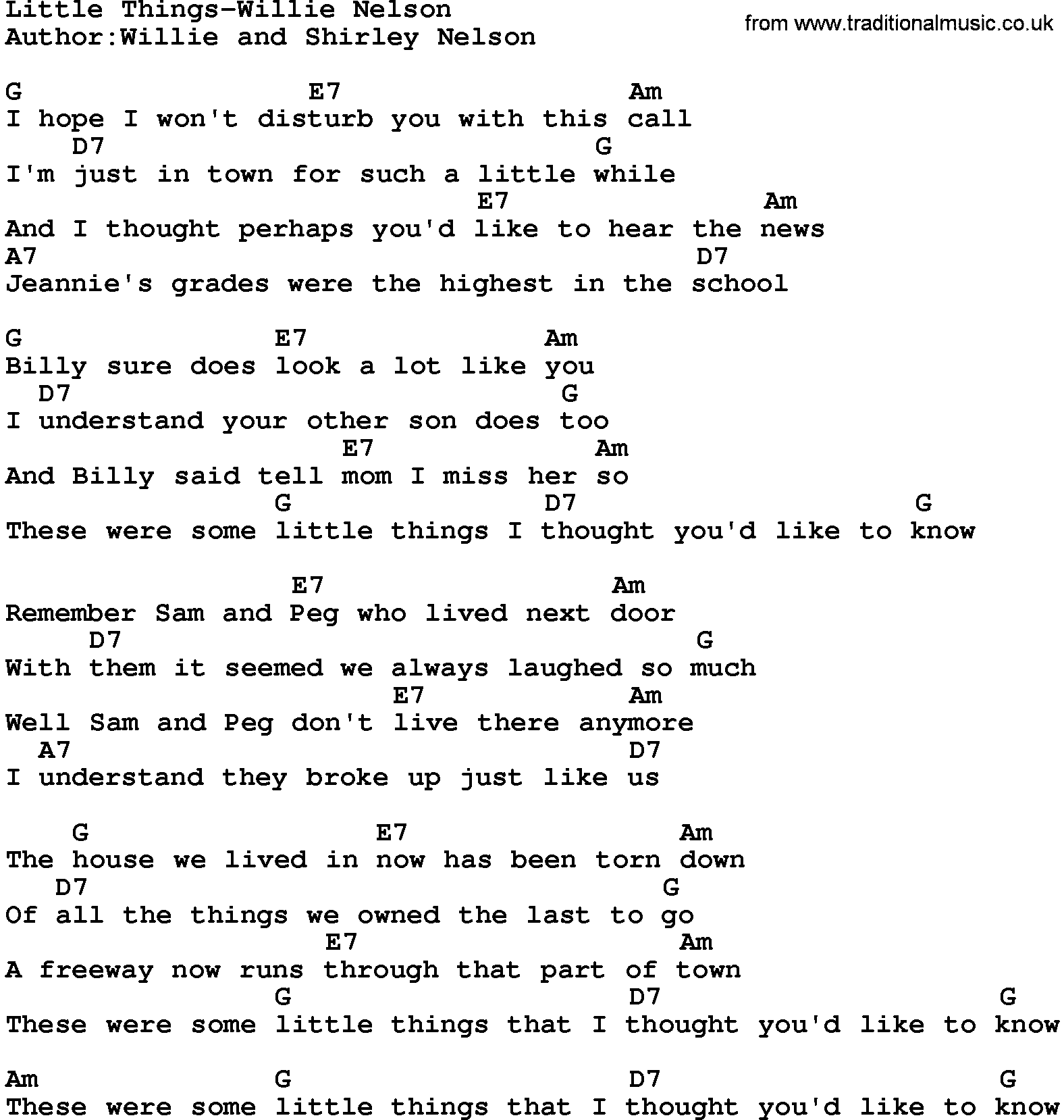 Country music song: Little Things-Willie Nelson lyrics and chords