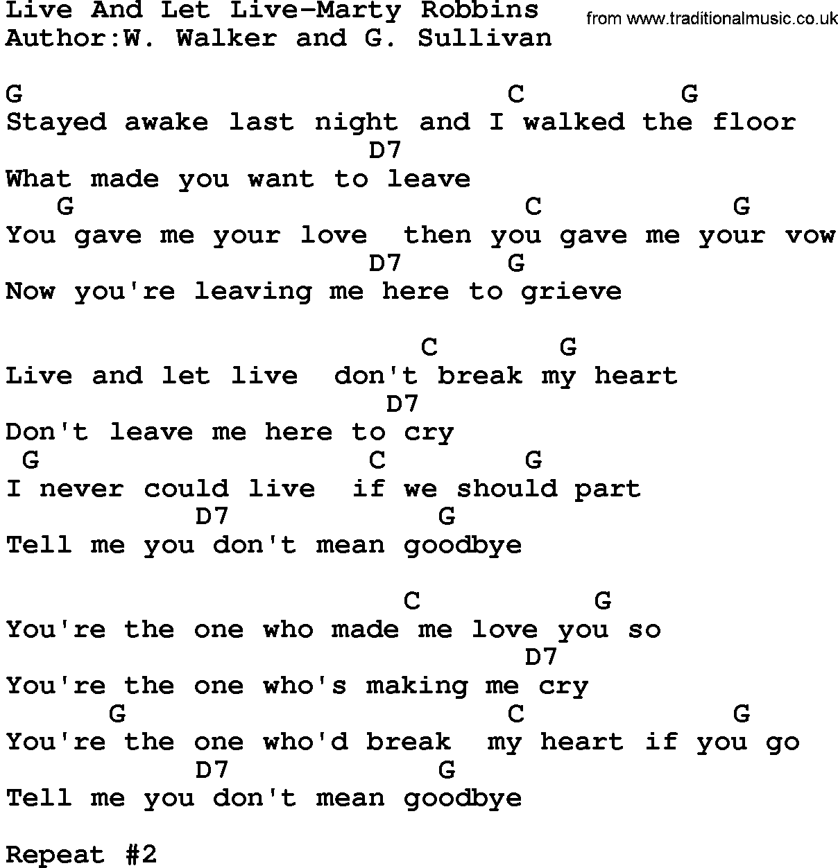 Country music song: Live And Let Live-Marty Robbins lyrics and chords
