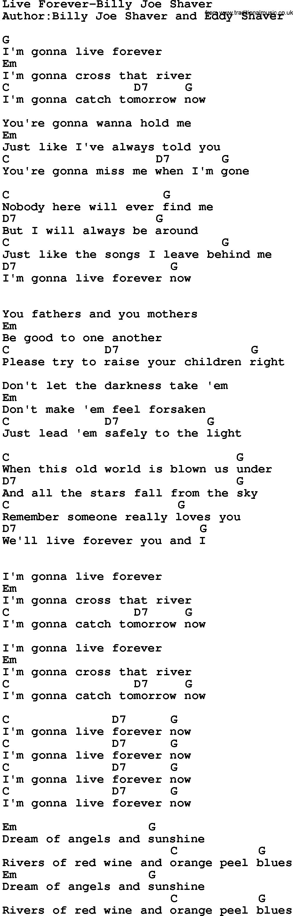 Country music song: Live Forever-Billy Joe Shaver lyrics and chords