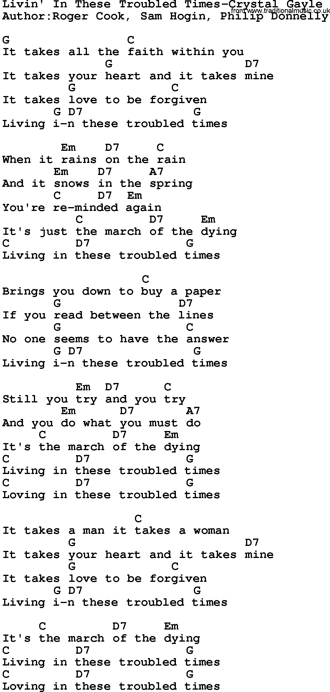 Country music song: Livin' In These Troubled Times-Crystal Gayle lyrics and chords