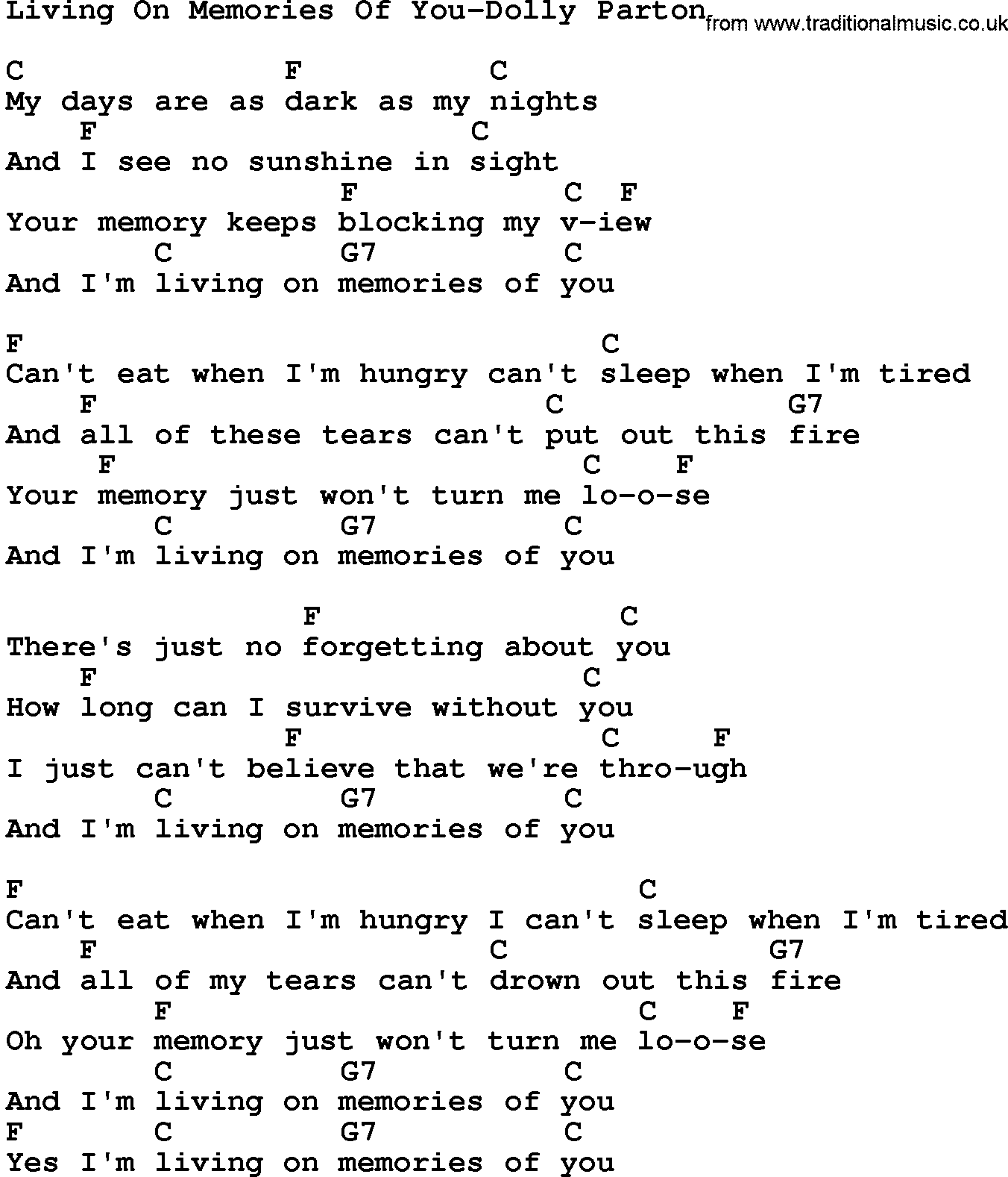 Country music song: Living On Memories Of You-Dolly Parton lyrics and chords