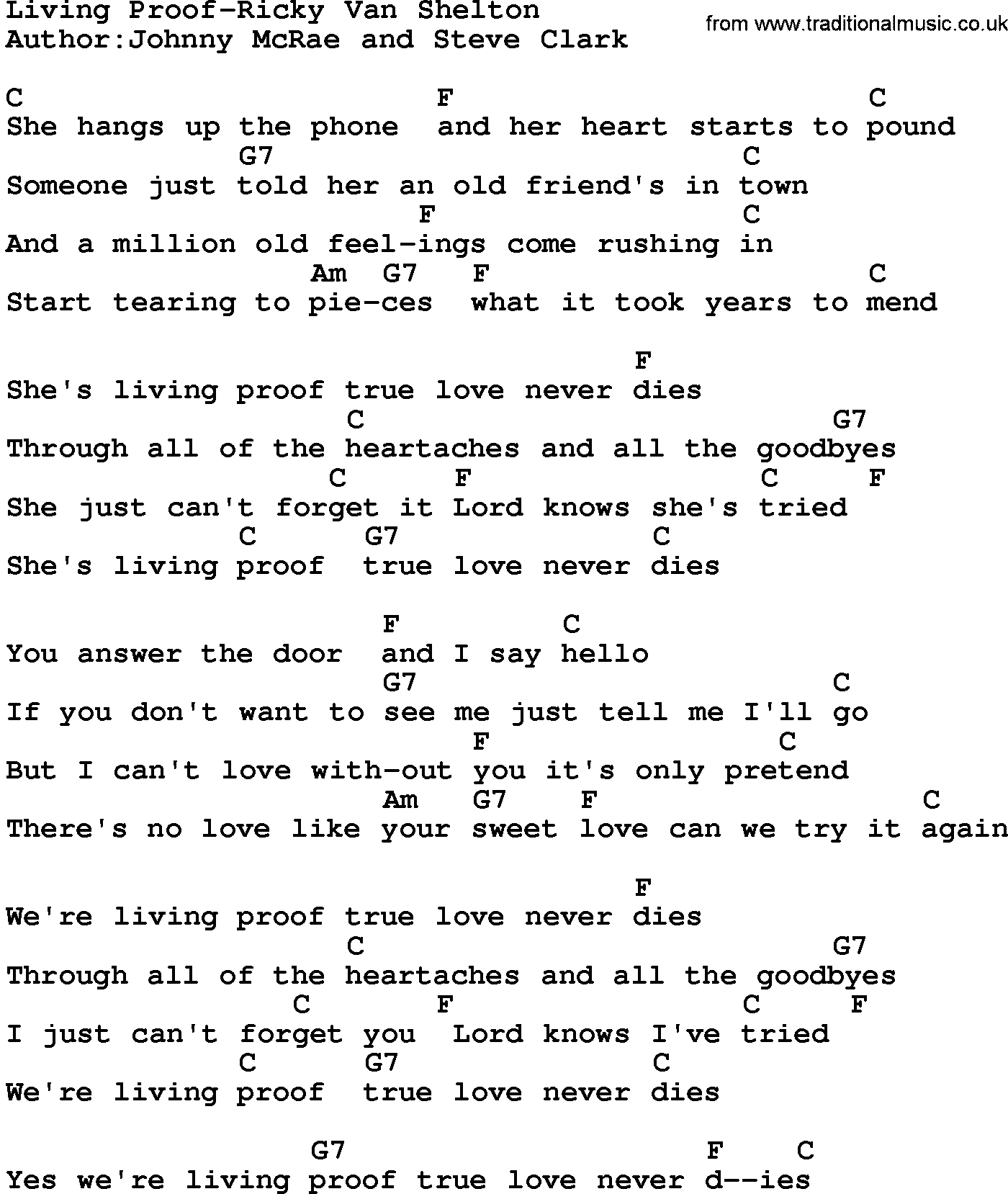 Country music song: Living Proof-Ricky Van Shelton lyrics and chords