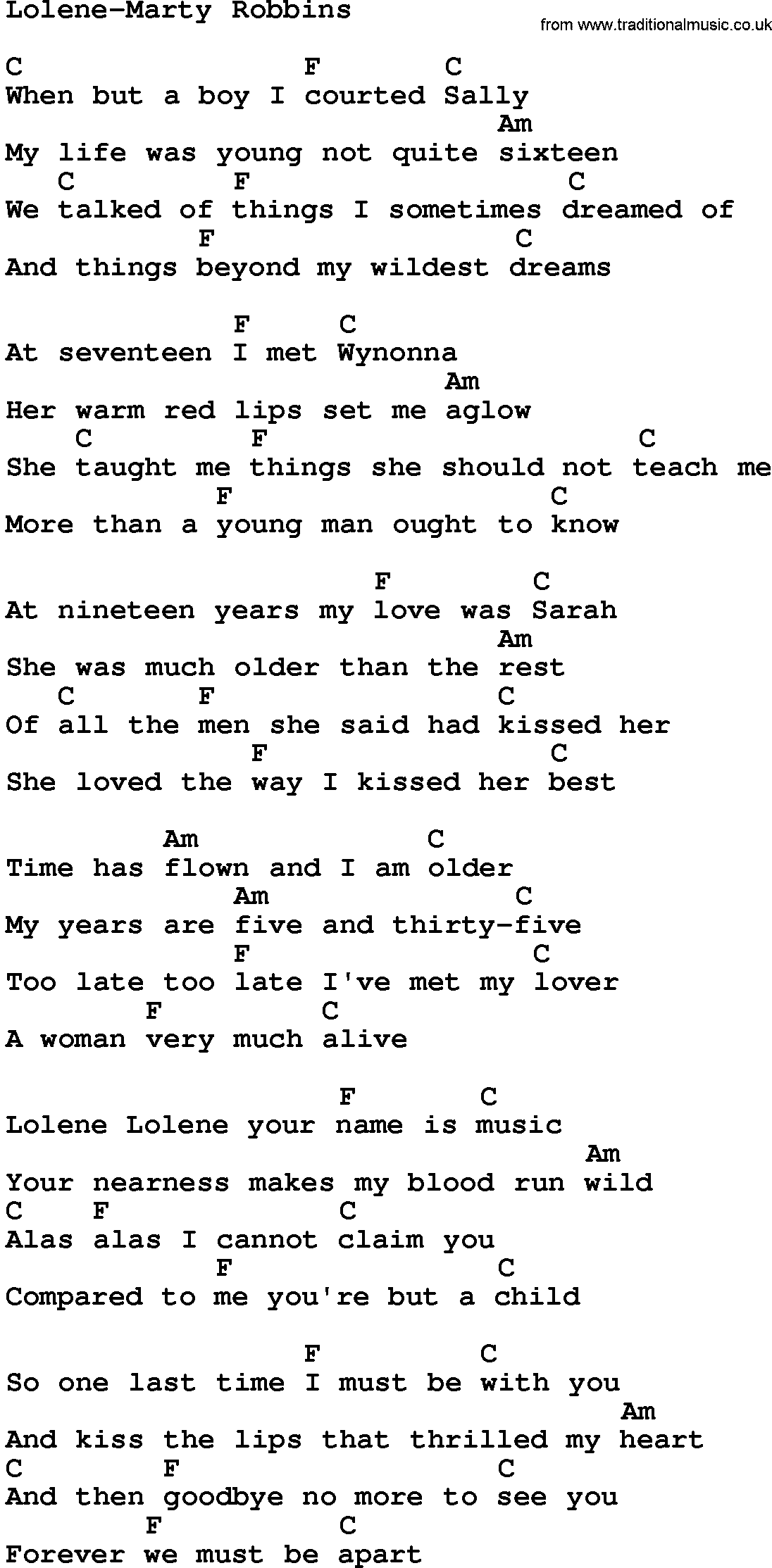 Country music song: Lolene-Marty Robbins lyrics and chords