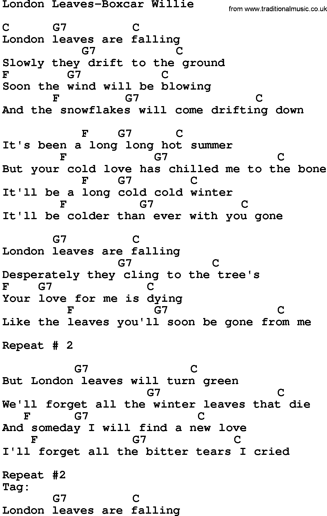 Country music song: London Leaves-Boxcar Willie lyrics and chords