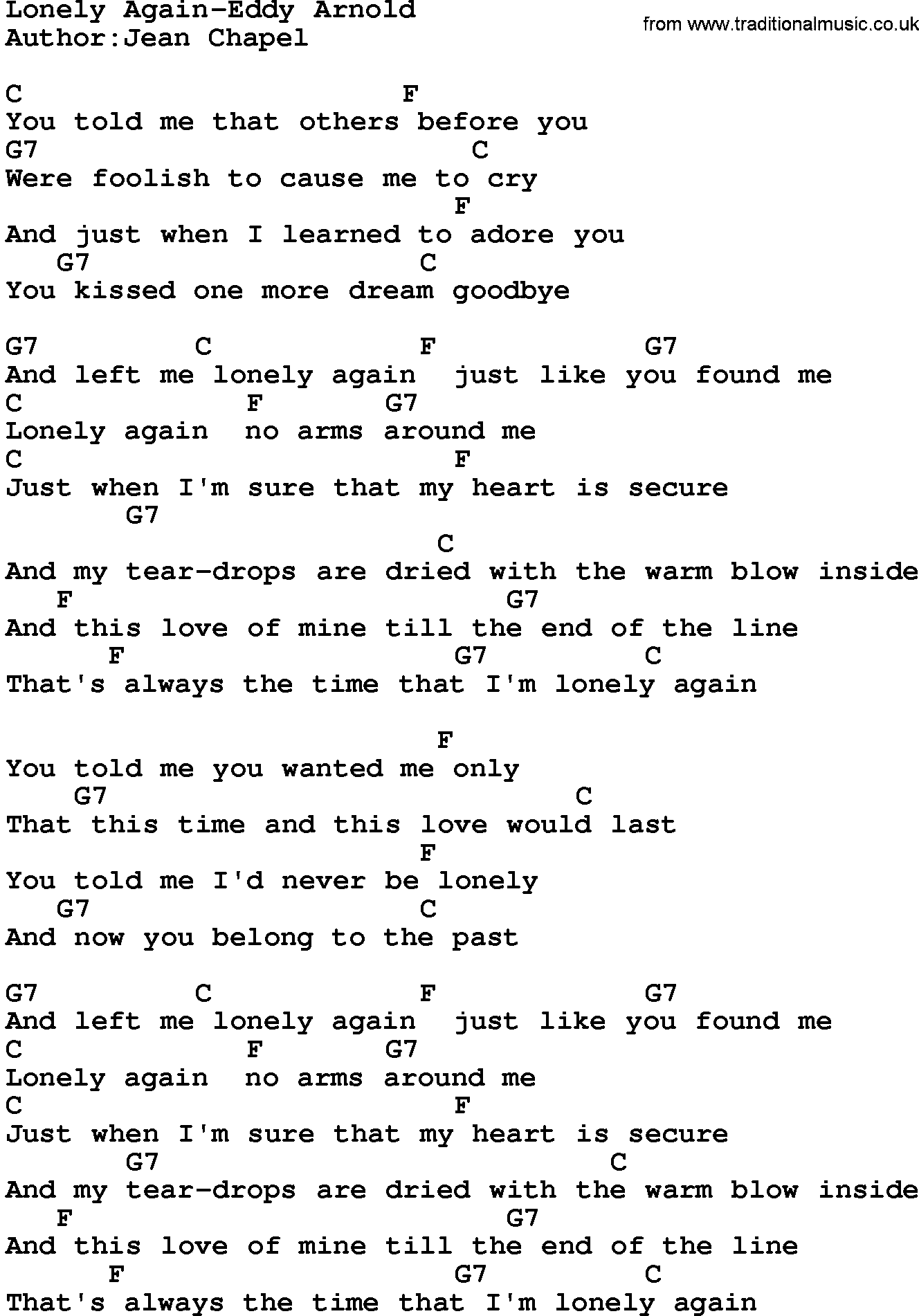 Country music song: Lonely Again-Eddy Arnold lyrics and chords
