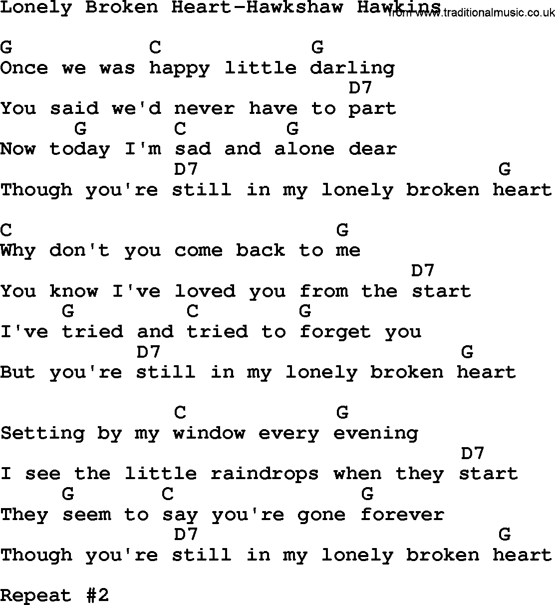 Country music song: Lonely Broken Heart-Hawkshaw Hawkins lyrics and chords