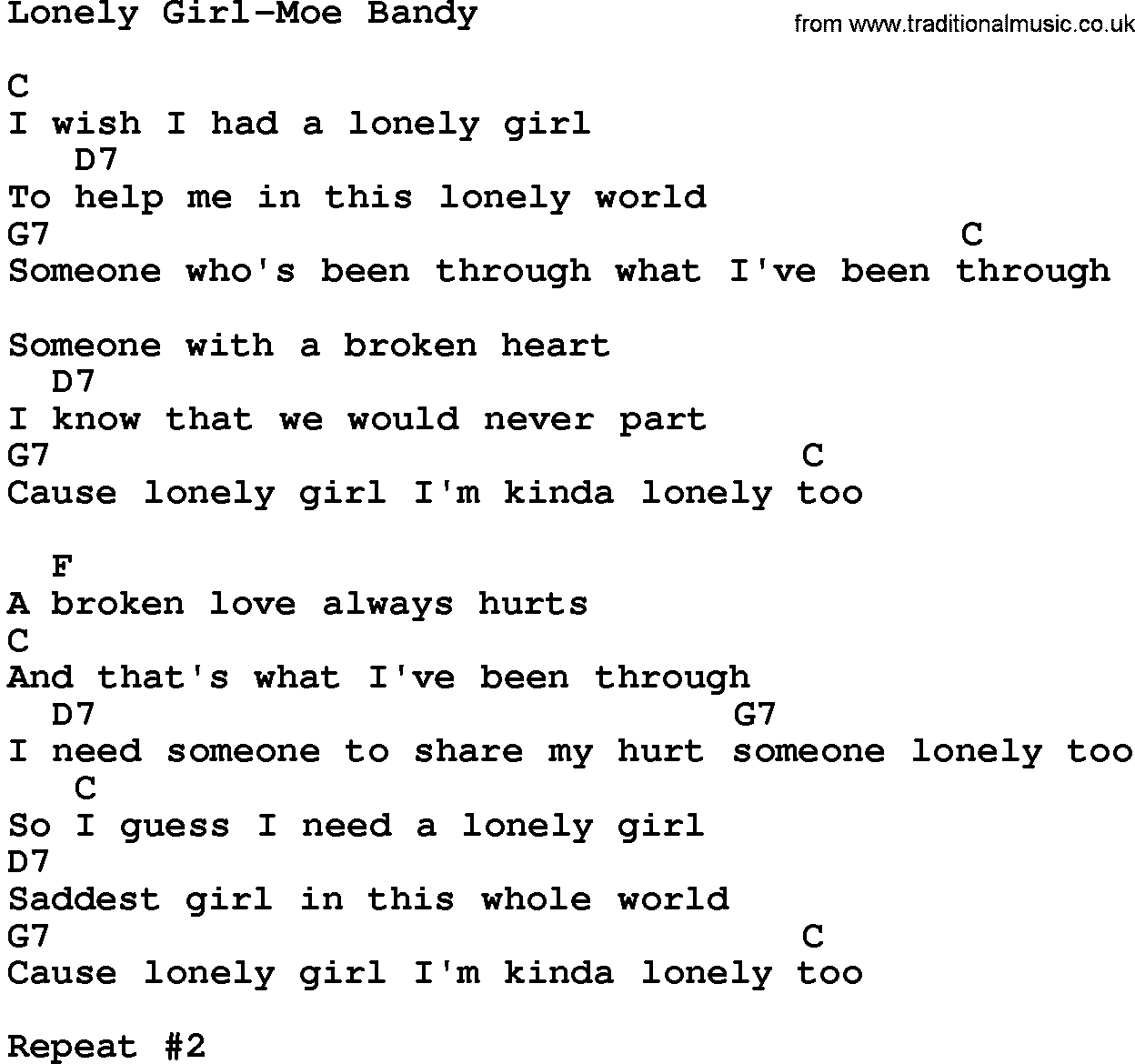 Country music song: Lonely Girl-Moe Bandy lyrics and chords