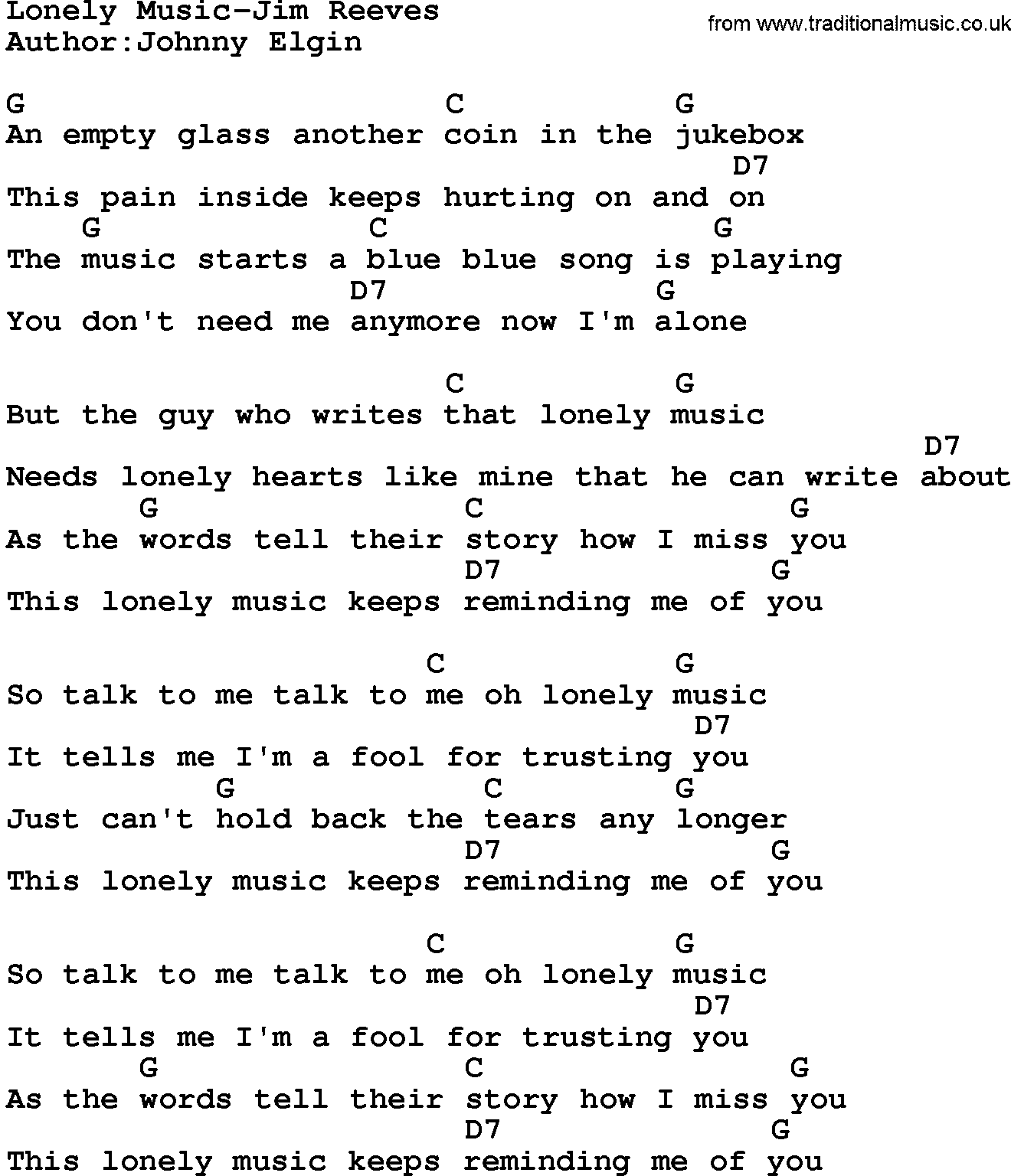 Country music song: Lonely Music-Jim Reeves lyrics and chords