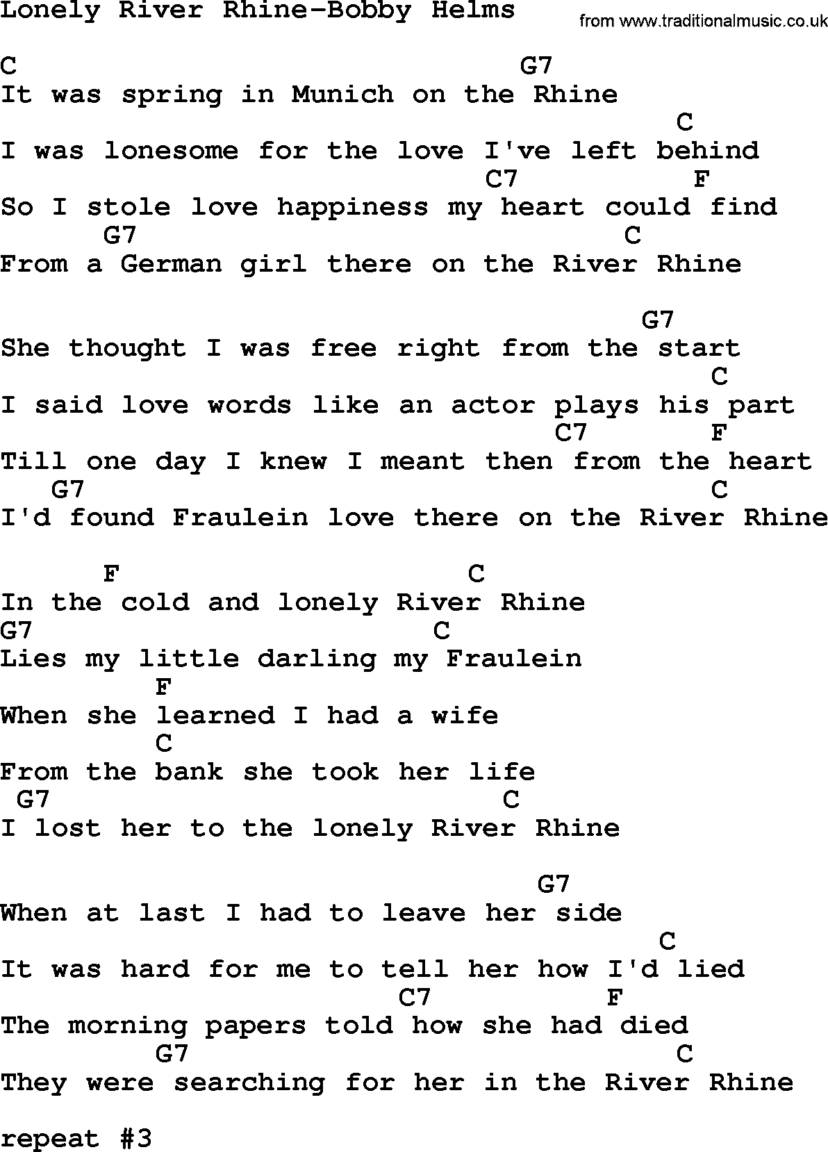 Country music song: Lonely River Rhine-Bobby Helms lyrics and chords