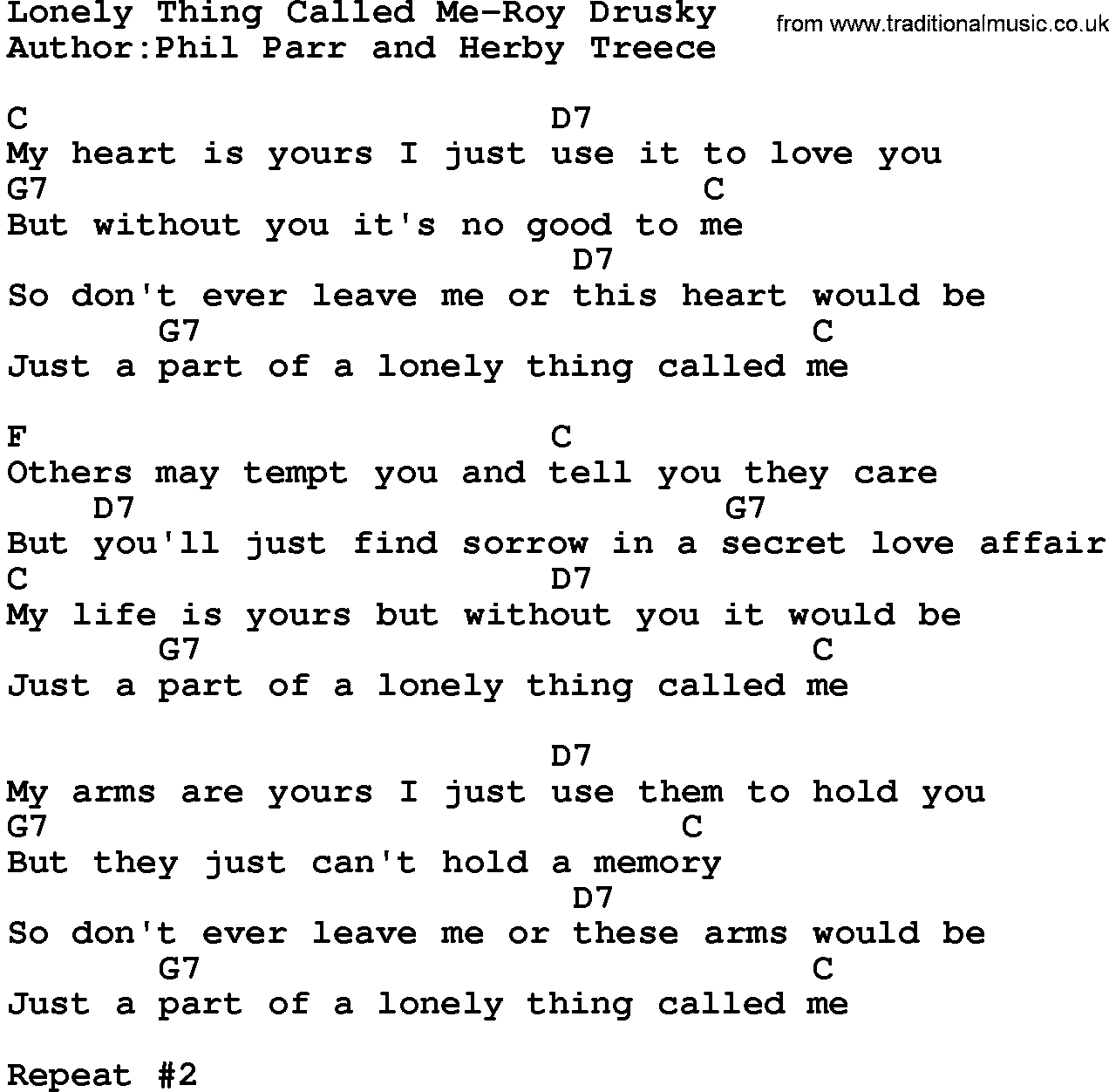 Country music song: Lonely Thing Called Me-Roy Drusky lyrics and chords