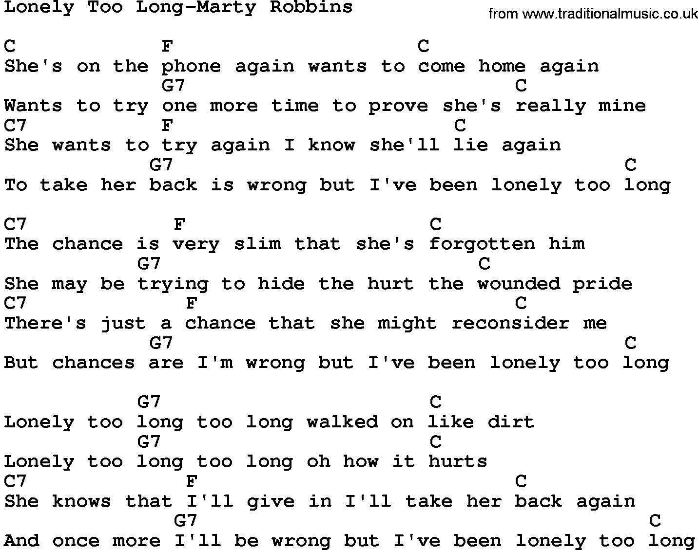 Country music song: Lonely Too Long-Marty Robbins lyrics and chords