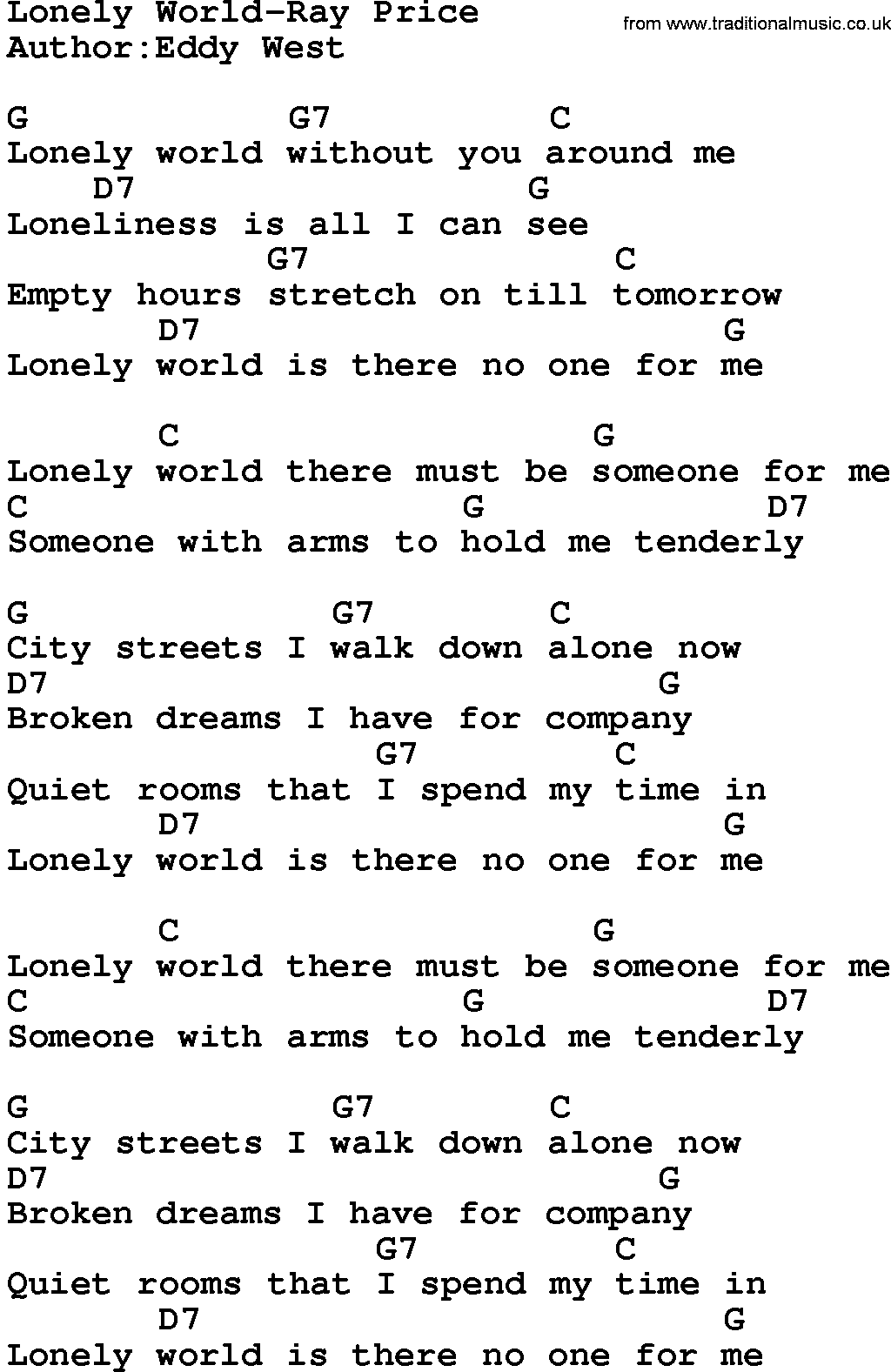 Country music song: Lonely World-Ray Price lyrics and chords