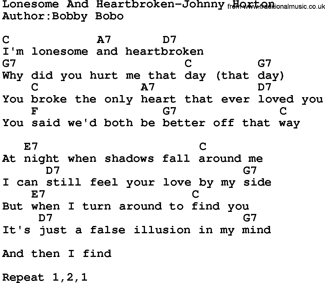 Country music song: Lonesome And Heartbroken-Johnny Horton lyrics and chords