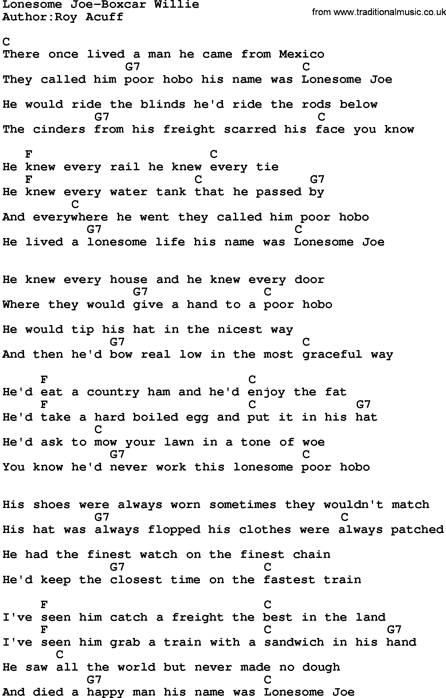 Country music song: Lonesome Joe-Boxcar Willie lyrics and chords