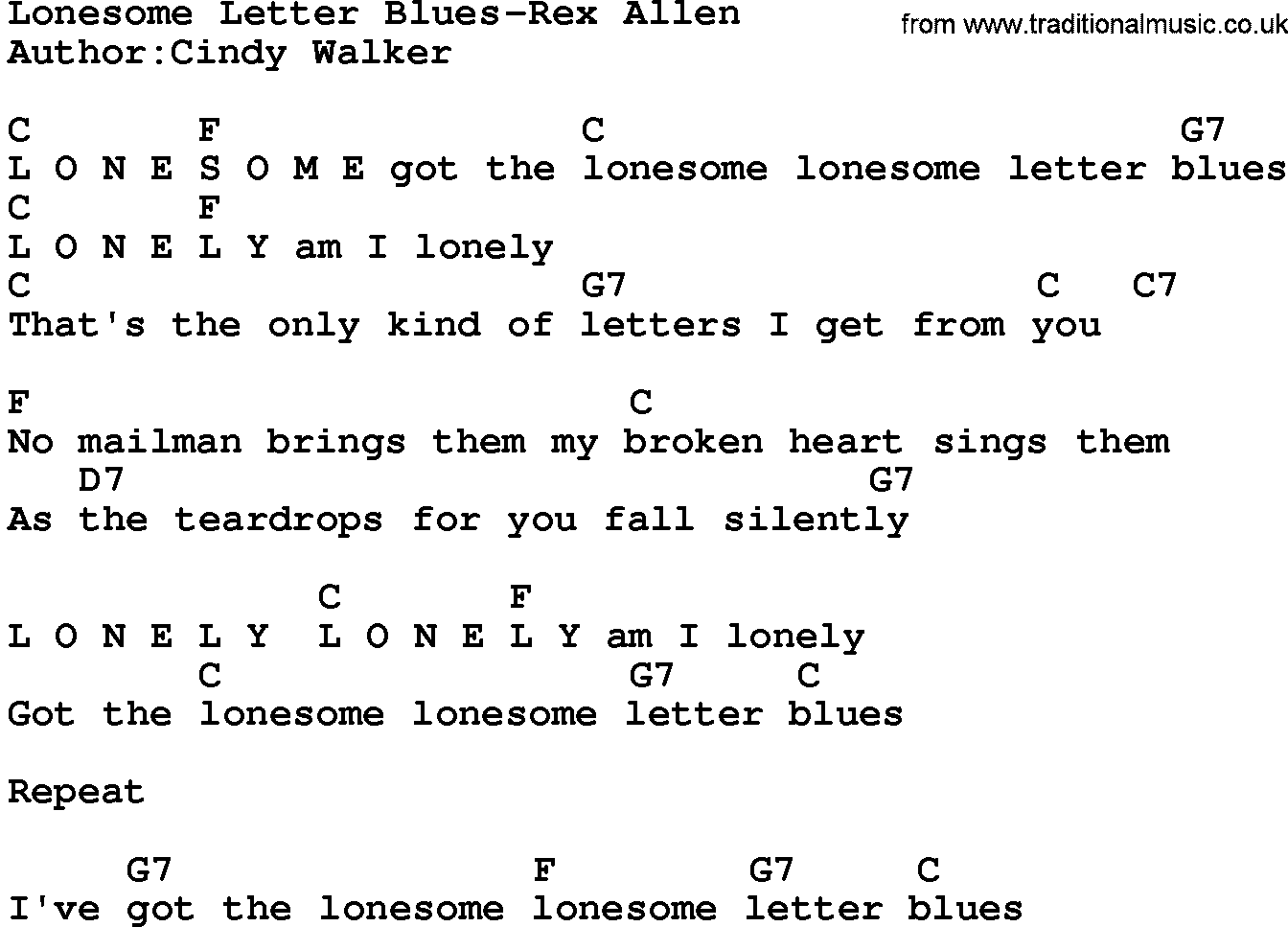 Country music song: Lonesome Letter Blues-Rex Allen lyrics and chords