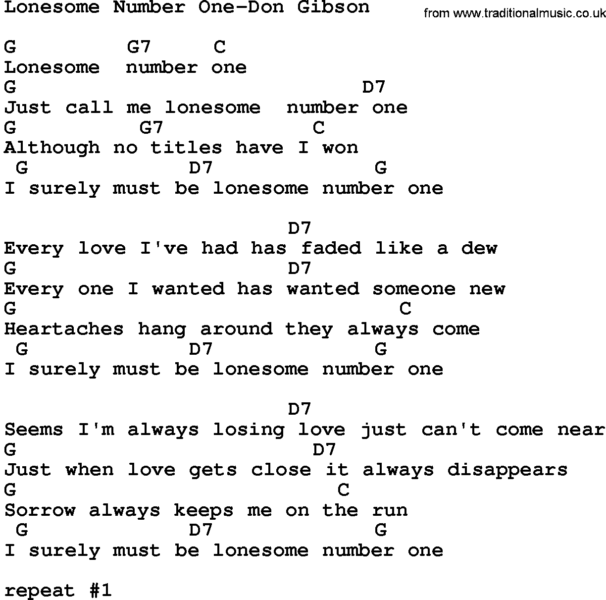 Country music song: Lonesome Number One-Don Gibson lyrics and chords
