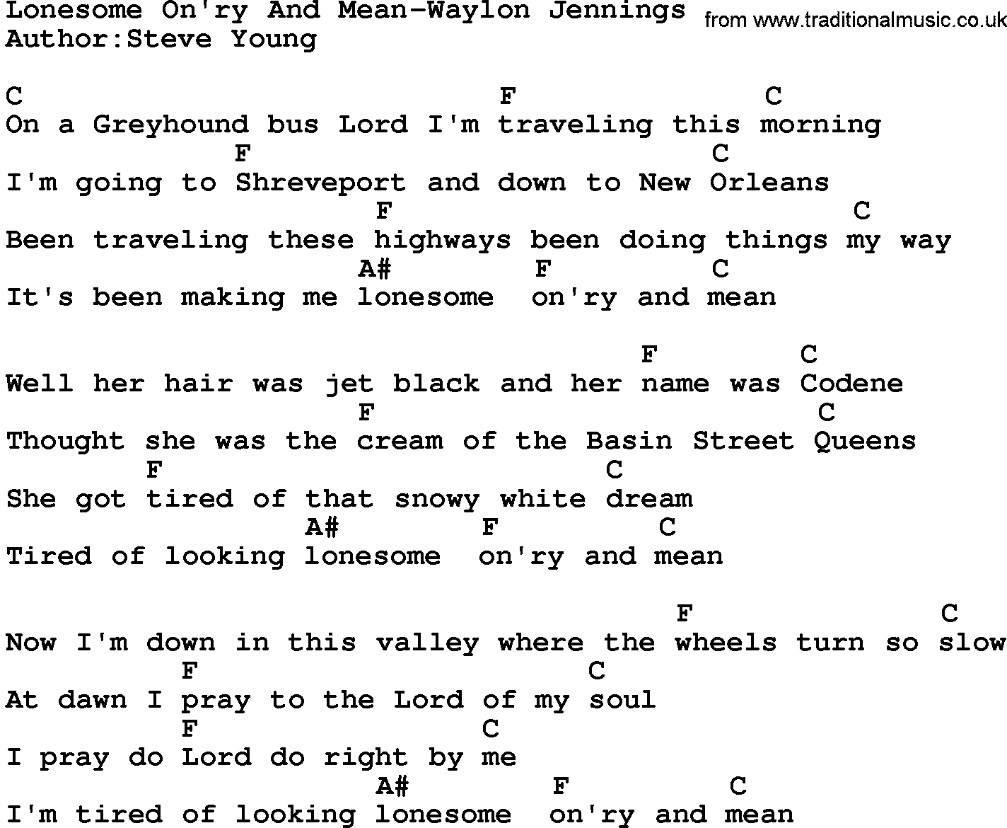 Country music song: Lonesome On'ry And Mean-Waylon Jennings lyrics and chords