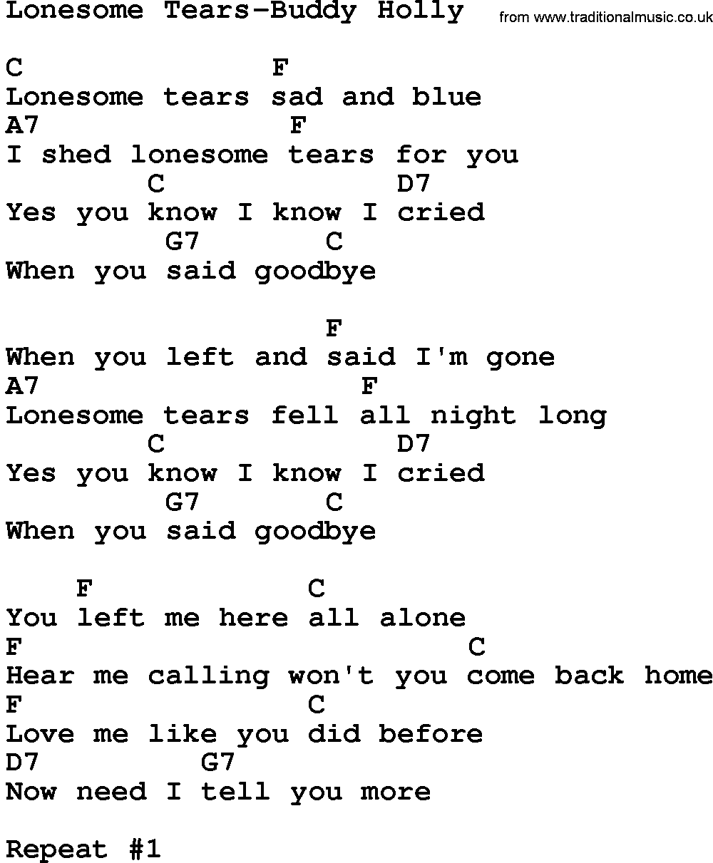 Country music song: Lonesome Tears-Buddy Holly lyrics and chords
