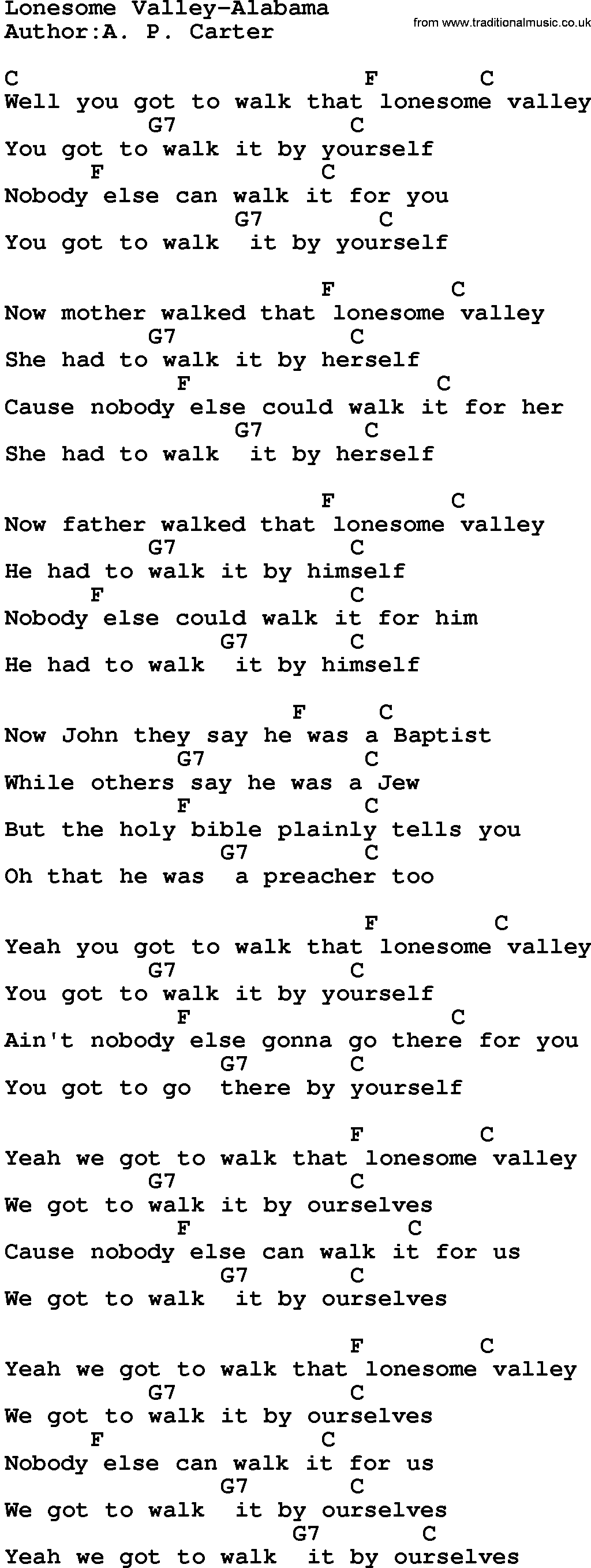 Country music song: Lonesome Valley-Alabama lyrics and chords