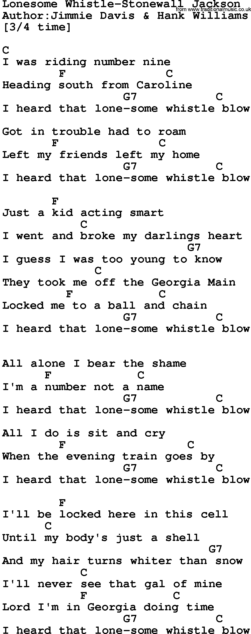Country music song: Lonesome Whistle-Stonewall Jackson lyrics and chords