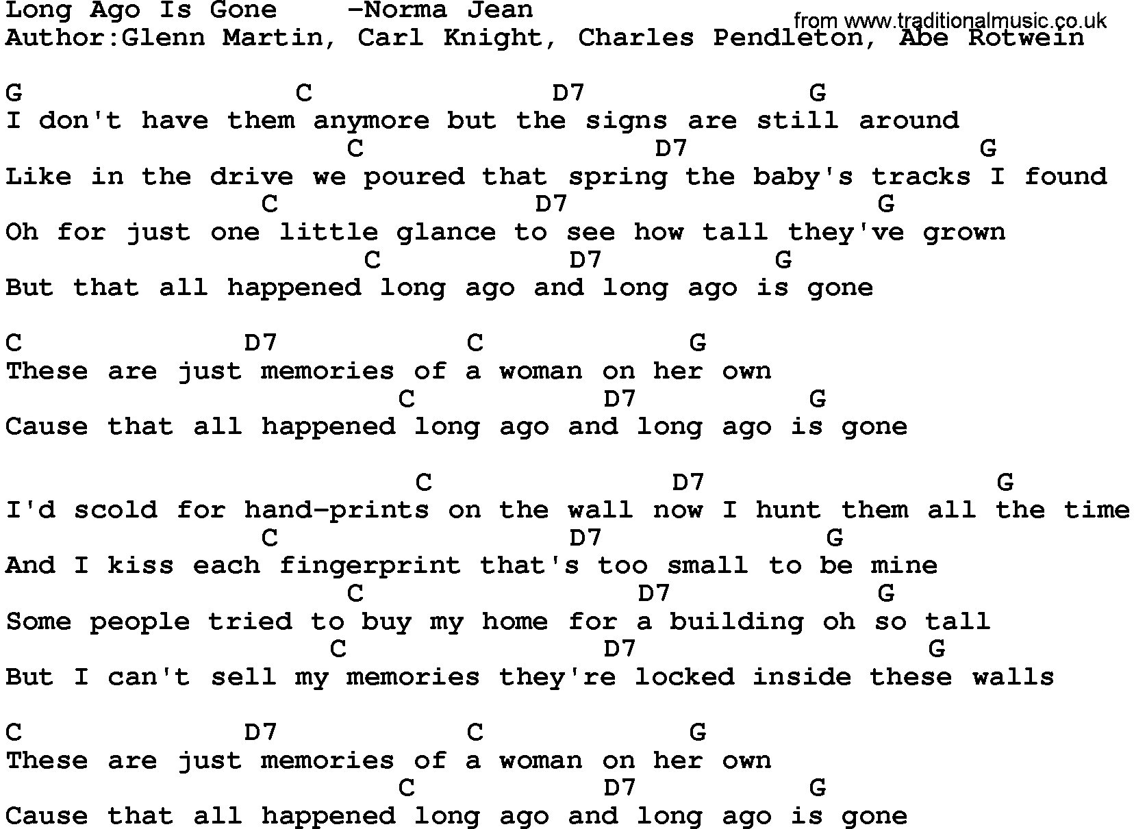 Country music song: Long Ago Is Gone -Norma Jean lyrics and chords