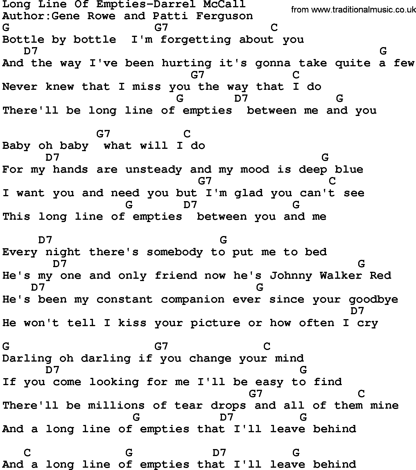 Country music song: Long Line Of Empties-Darrel Mccall lyrics and chords