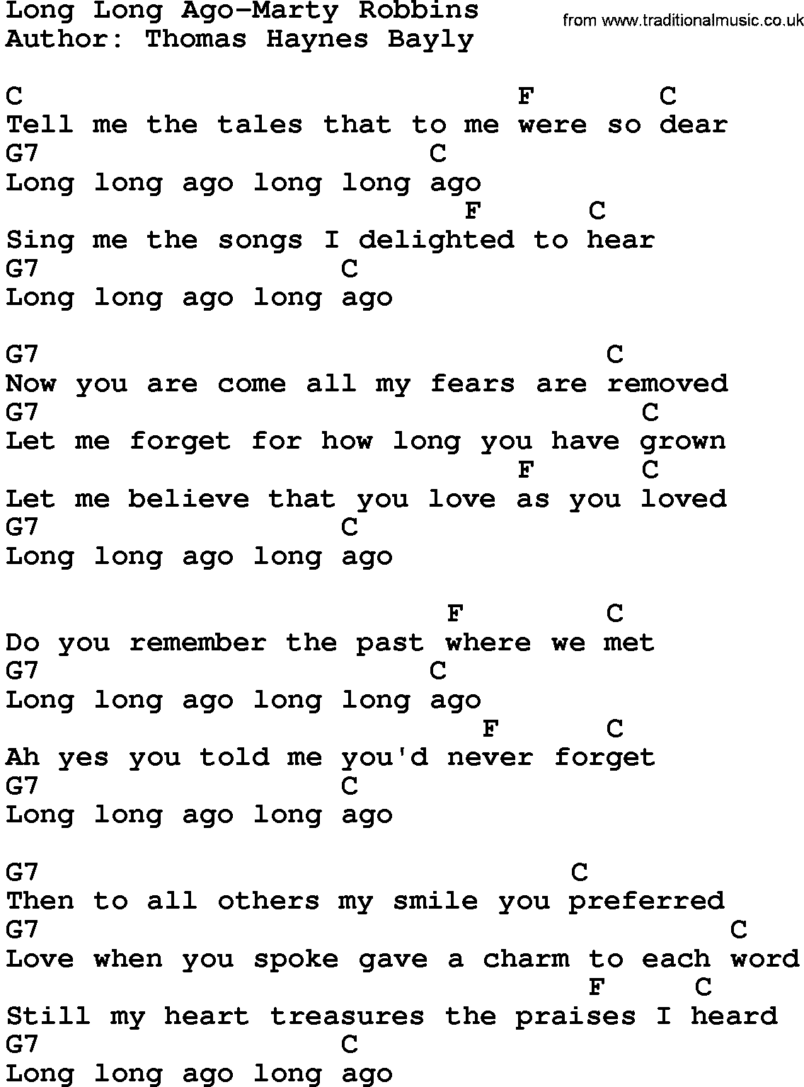 Country music song: Long Long Ago-Marty Robbins lyrics and chords