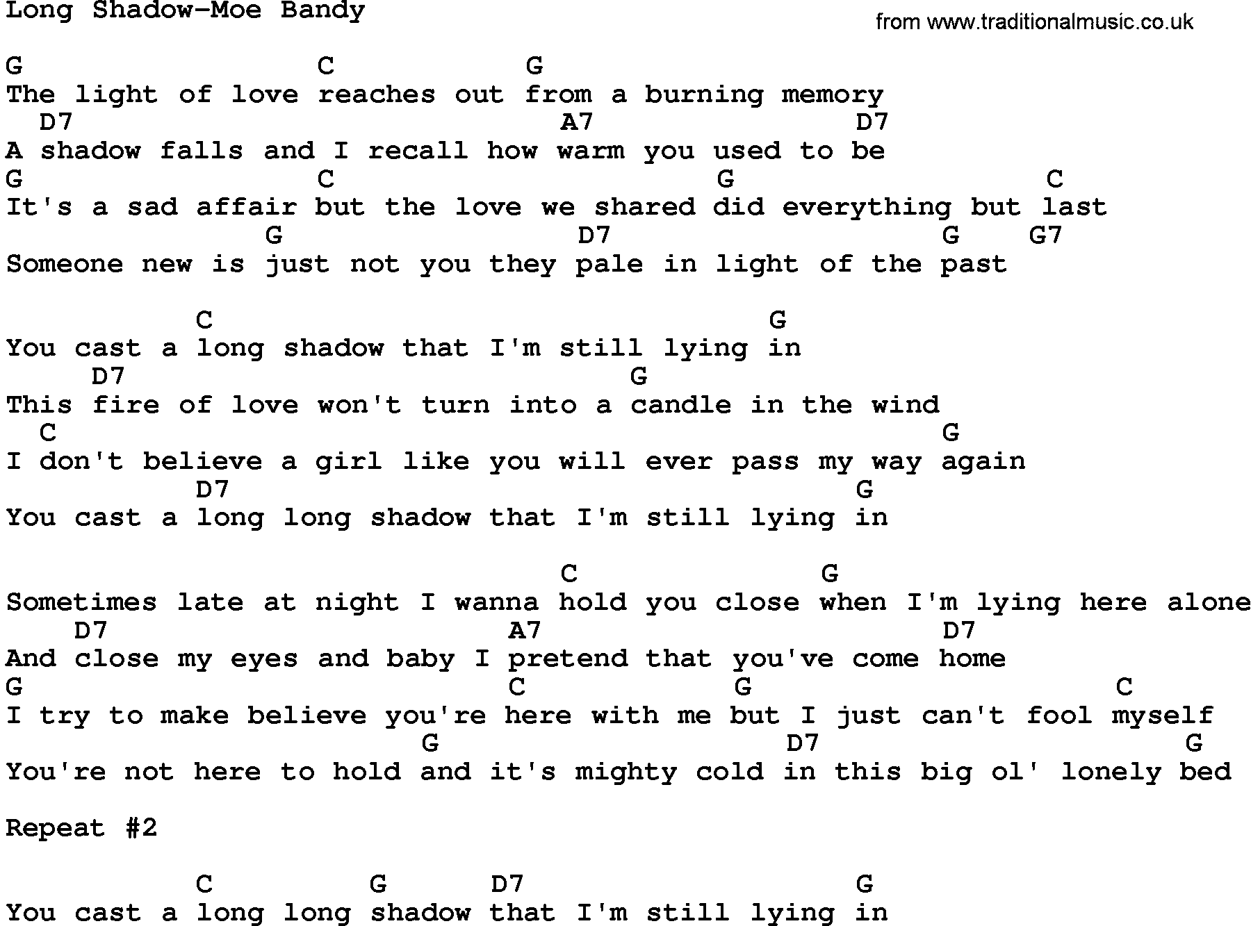 Country music song: Long Shadow-Moe Bandy lyrics and chords