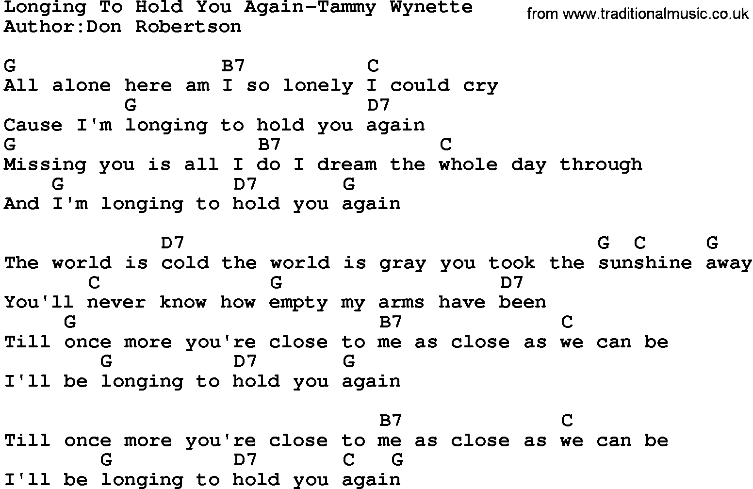 Country music song: Longing To Hold You Again-Tammy Wynette lyrics and chords
