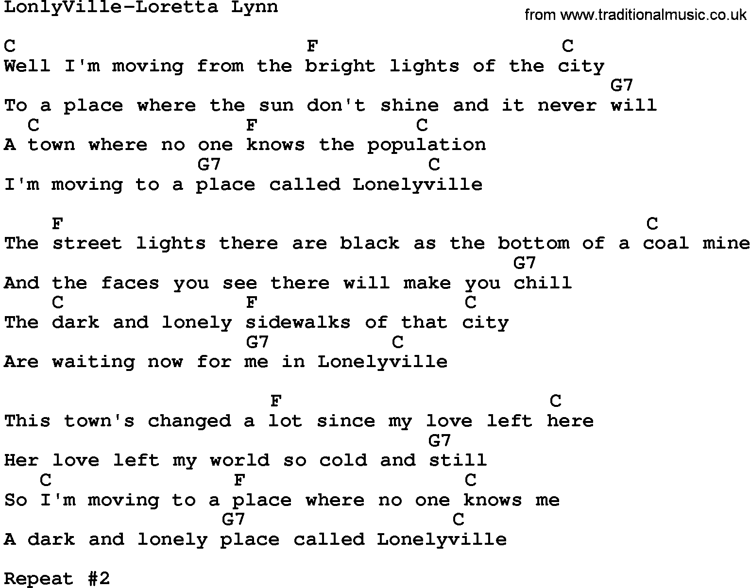 Country music song: Lonlyville-Loretta Lynn lyrics and chords