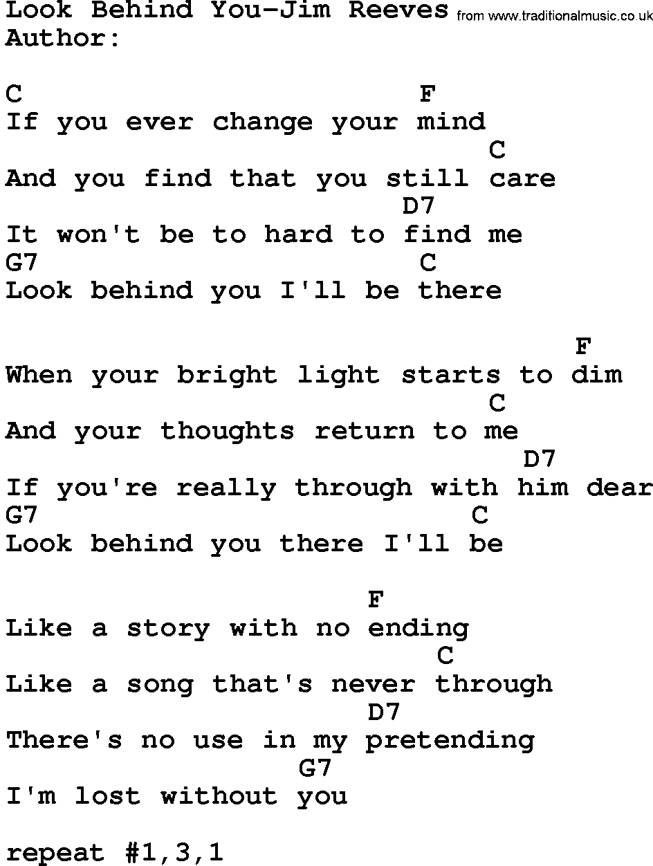 Country music song: Look Behind You-Jim Reeves lyrics and chords