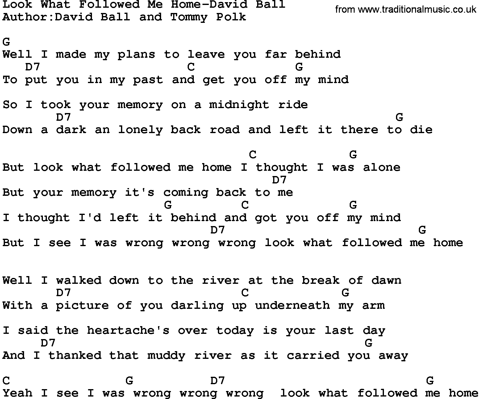 Country music song: Look What Followed Me Home-David Ball lyrics and chords