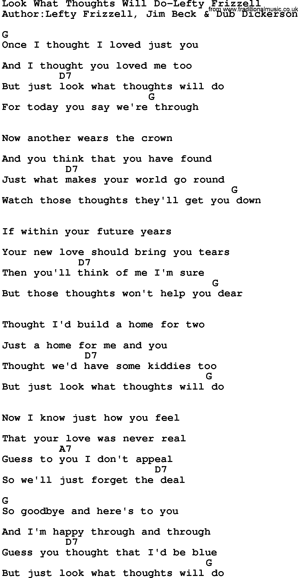 Country music song: Look What Thoughts Will Do-Lefty Frizzell lyrics and chords