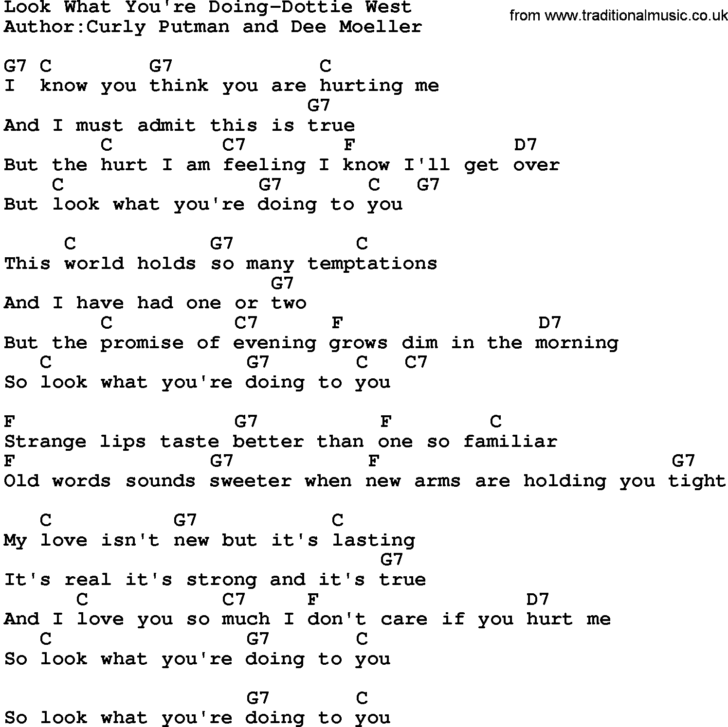 Country music song: Look What You're Doing-Dottie West lyrics and chords